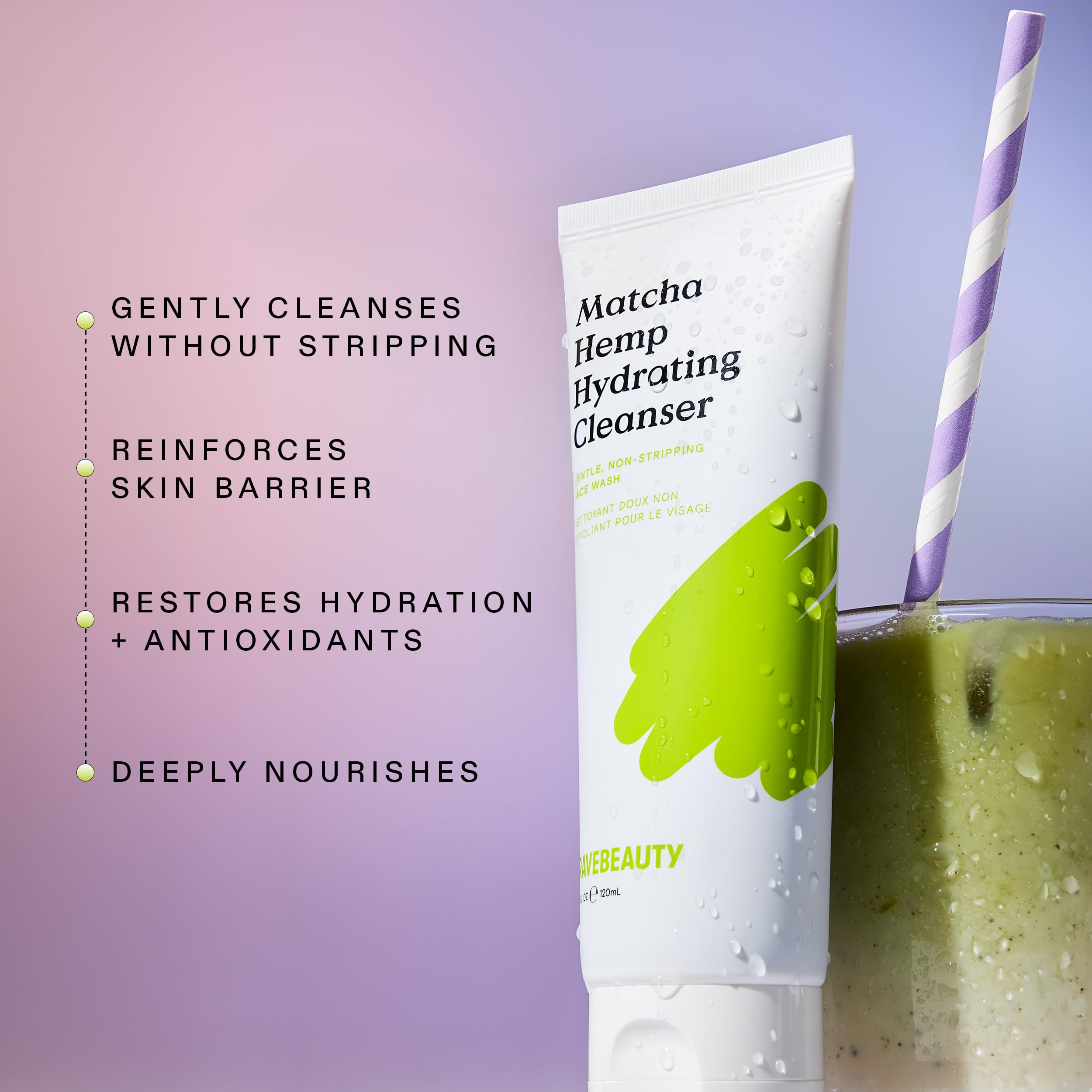 "KraveBeauty DUO Hanf-Feuchtigkeitsreiniger Matcha Täglicher Gesichtsreiniger, der die Haut nicht austrocknet, stärkt die Hautbarriere, angereichert mit Hanfsamenöl, hautverträglich