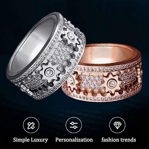 Miniatura 7 de Anillos giratorios para aliviar la ansiedad y el estrés para hombre, anillo mecánico giratorio para parejas (diamante completo plateado 9)