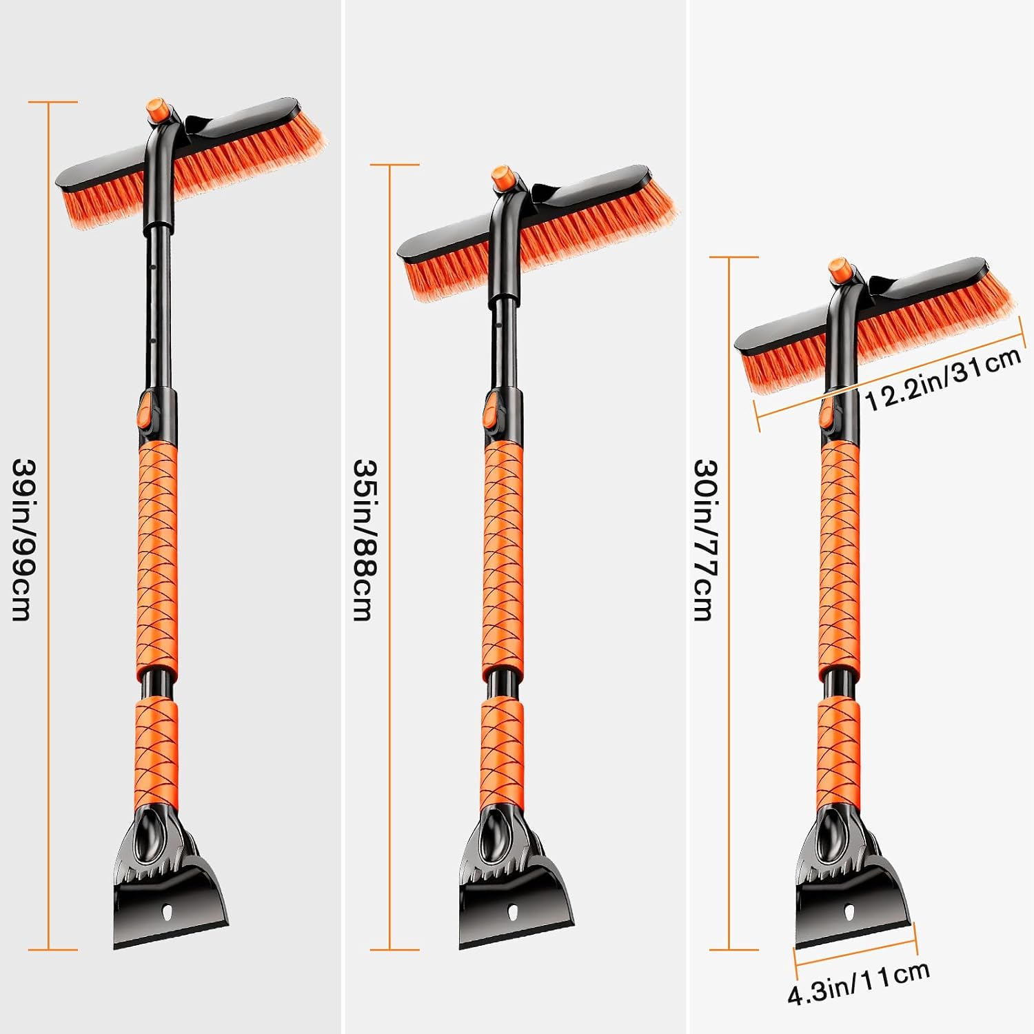 Showvigor Extendable Snow Brush and Ice Scraper for Car, 30"-35"-39" Adjustable Long Handle & 4.3" Ice Chipper, 360° Pivoting Brush Head & Comfortable Antiskid Grip