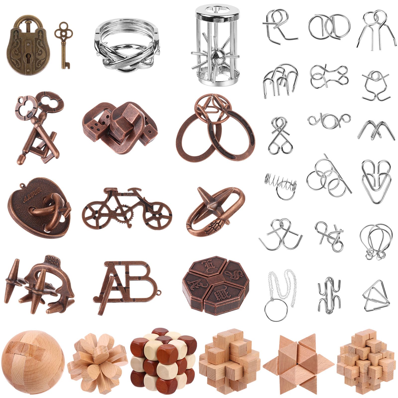 36 PCS 3D Puzzle Metal Brain Teasers Puzzle Game Toys Brain Games for Adults Teens, metal puzzles brain teasers, Educational Toys Mind Puzzles Wooden and Metal-e Puzzle Unlock Interlock IQ Puzzles Box