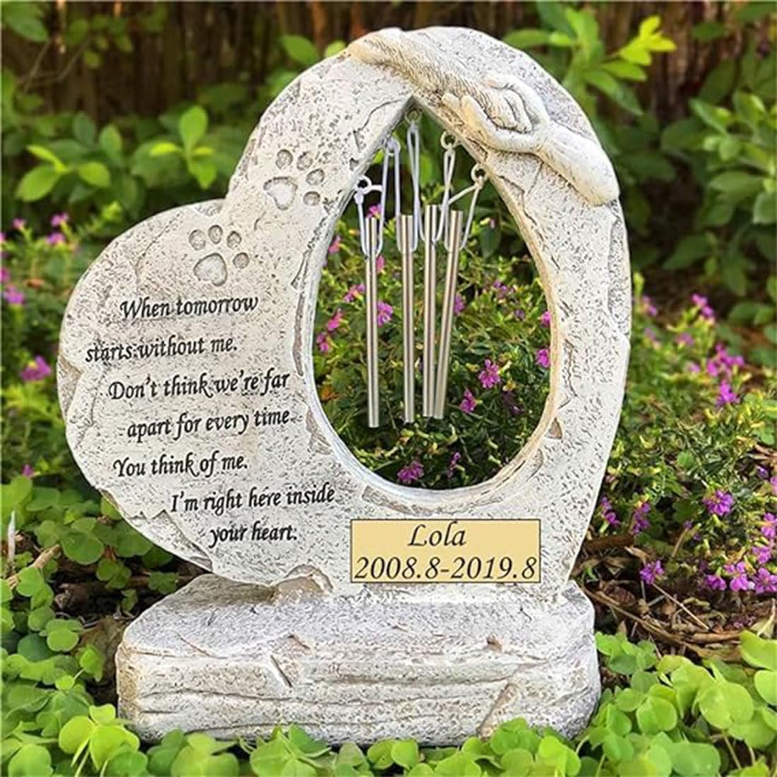 JHB Pietre commemorative personalizzate per cani da compagnia con campane a vento Pietre da giardino per cani Marcatori di tombe Simpatia Regali commemorativi per cani Lapide per gatti Lapide per cani