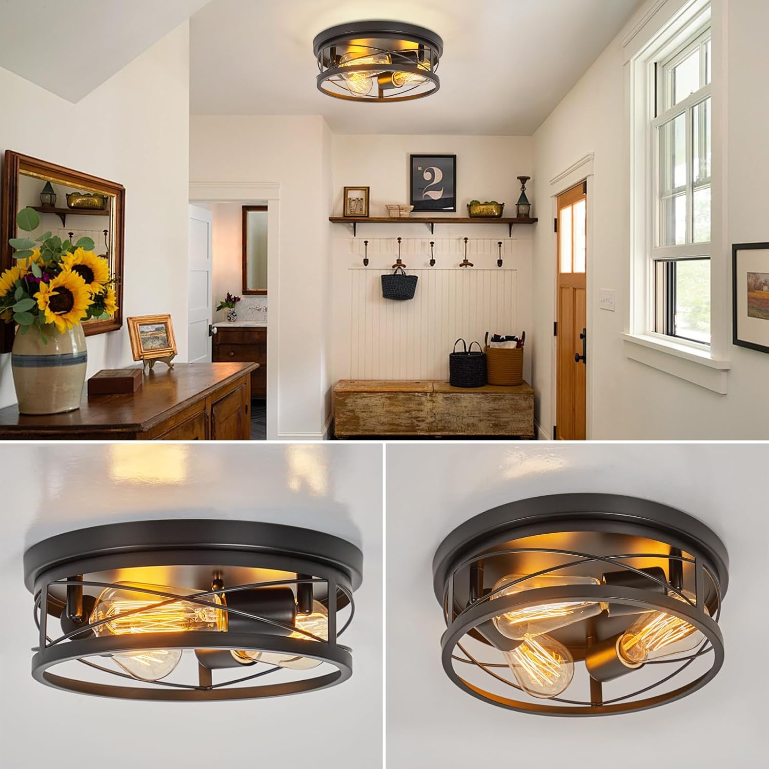 Farmhouse Ceiling Light Fixtures Black Flush Mount Ceiling Light 3-Light Vintage Kitchen Light Fixtures Metal Cage Ceiling Lights for Bedroom, Living Room, Hallway, Foyer(E26 Base)