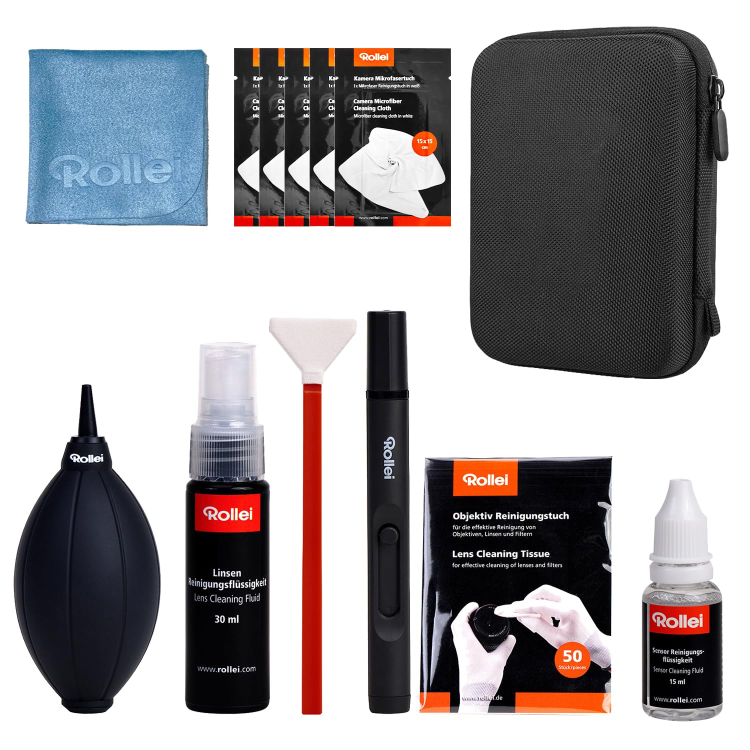 Kit Pulizia Sensore Full Frame, Rollei 8 in 1 Set di Pulizia Macchina Fotografica XL con Lenspen Soffietto Salviette Detergenti Liquido Detergente Bastoncini di Pulizia Sensore(24 mm) per Obiettivo