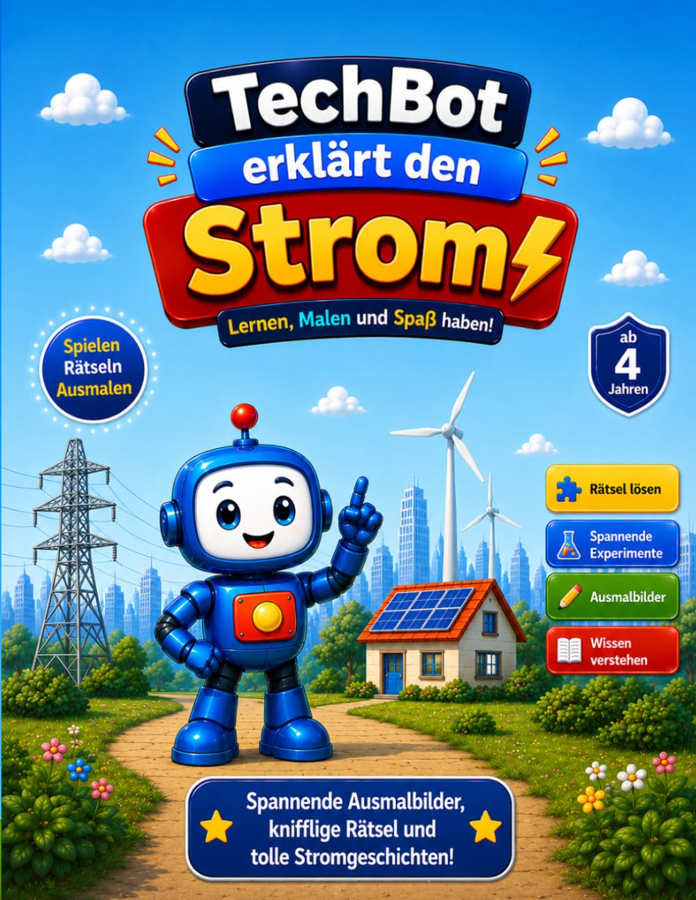 TechBot erklärt den Strom: Spannende Experimente, einfache Rätsel und tolle Technikseiten für Kinder ab 4 Jahren: Lernen, Malen und Spaß haben!