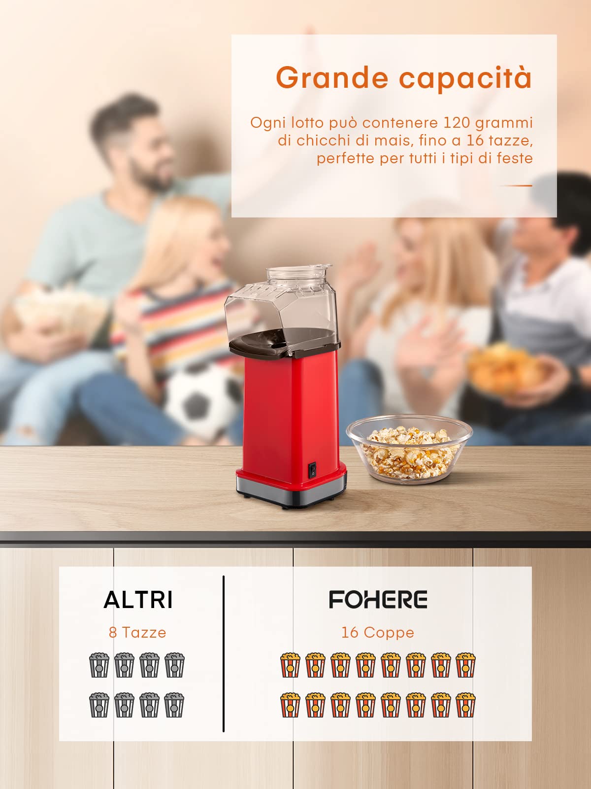 FOHERE Macchina Popcorn, 1400w Macchina per Popcorn, Pop Corn Macchina, si Apre in 2 Minuti, 17 Tazze, Rivestimento Antiaderente in Alluminio, Snack Senza Olio e a Basso Contenuto di Grassi
