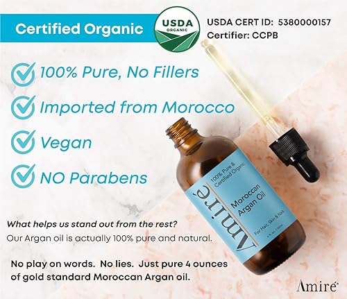 Miniatura 2 de Aceite de argán orgánico certificado por la USDA Amire 4 onzas Aceite de argán marroquí puro para el cabello la piel y las uñas Tratamiento del