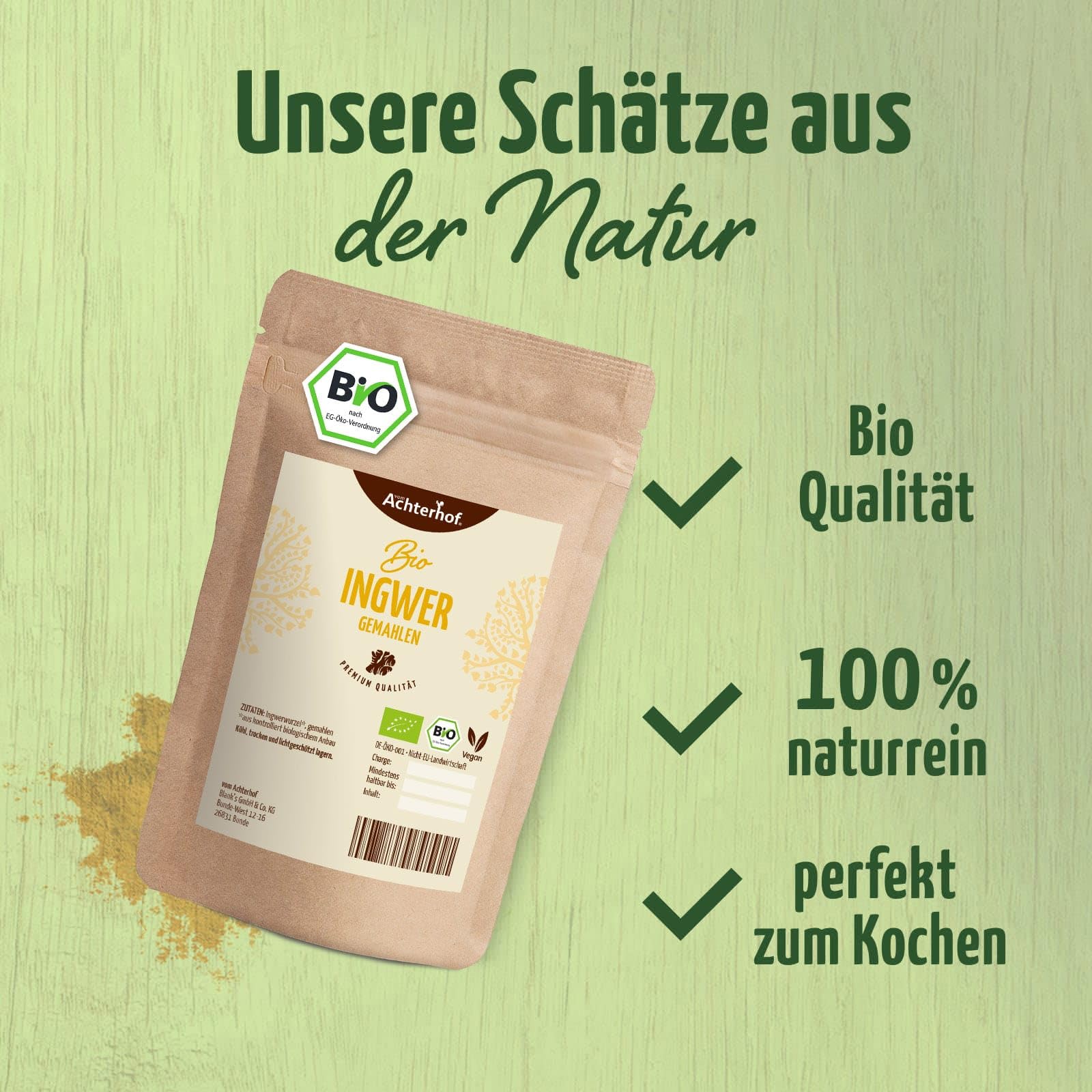 Bio Ingwerpulver (1kg) | Ingwer gemahlen | Ingwerwurzel gemahlen perfekt fuer Ingwertee Ingwertinktur Ingwerwasser oder zum Kochen