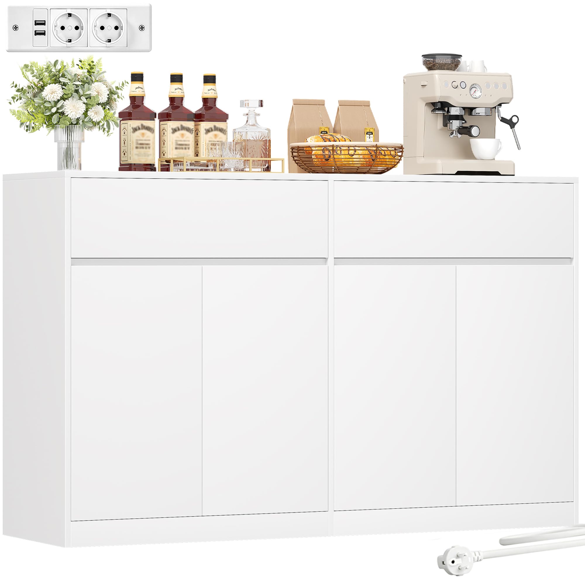 BEWISHOME Aparador Cocina, Aparadores para Salon con Toma de Corriente | 140x80x40cm mueble auxiliar de cocina, mueble cocina con 4 Puertas 2 Cajones y Estante Regulable para Salón Comedor Blanco