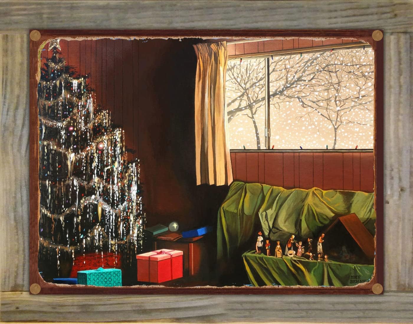 Christmas at Yosemite Dr. #2 Rustic Metal Print on Reclaimed Barn Wood from Drawing and Painting by Artist Mike Bennett 8.5" x 11.5"