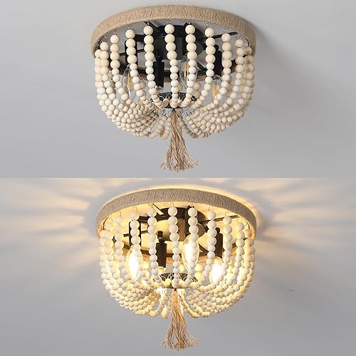 Miniatura 5 de Lámpara de techo bohemia con cuentas de madera, 4 luces de roble blanco, estilo bohemio, para dormitorio, pasillo, entrada, cuarto de bebé, pasillo,