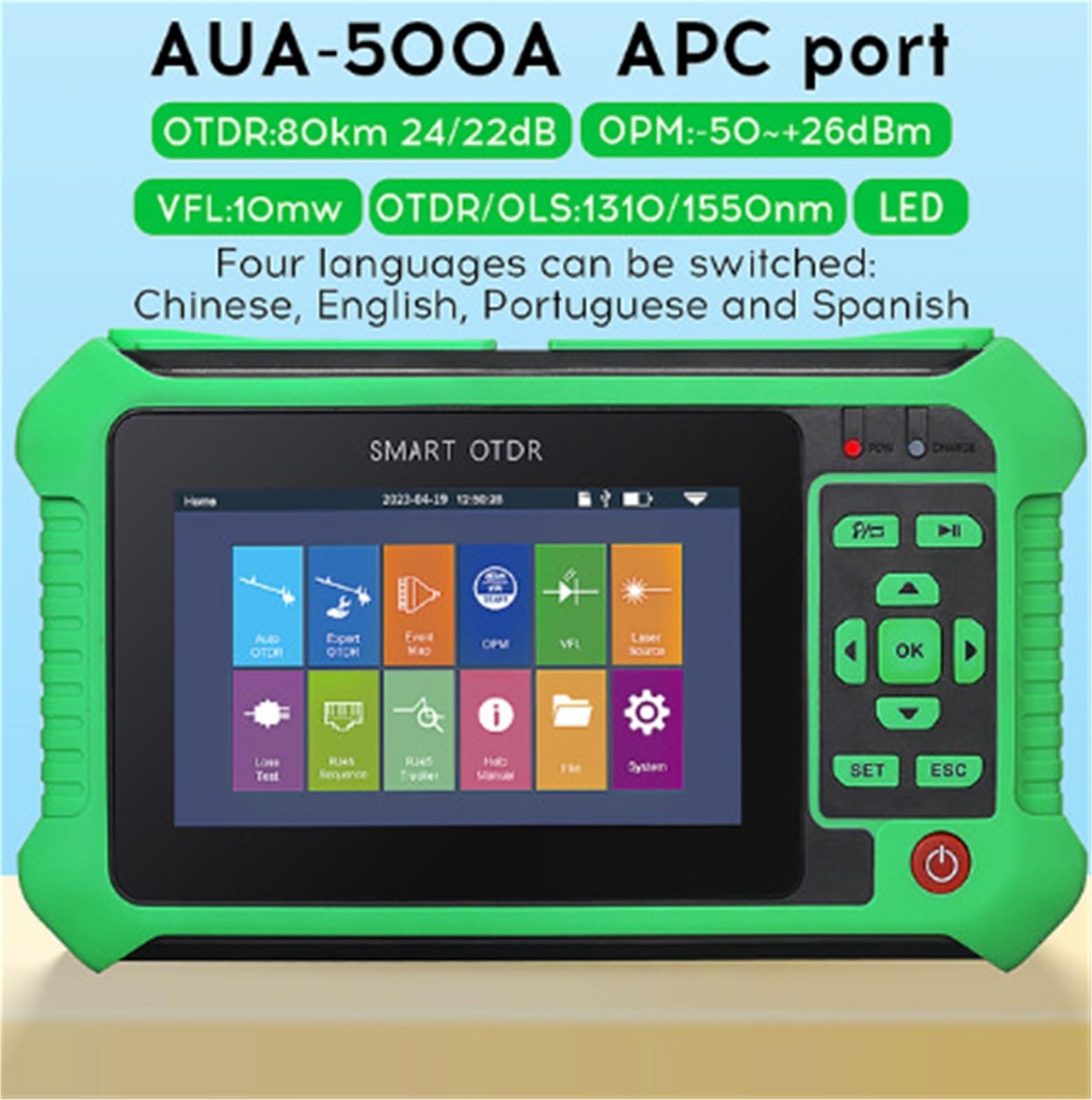 Reflektometr światłowodowy OTDR z 9 funkcjami, mapa zdarzeń VFL OLS OPM 22/24 dB dla testera Ethernetu światłowodowego 80 km(APC)