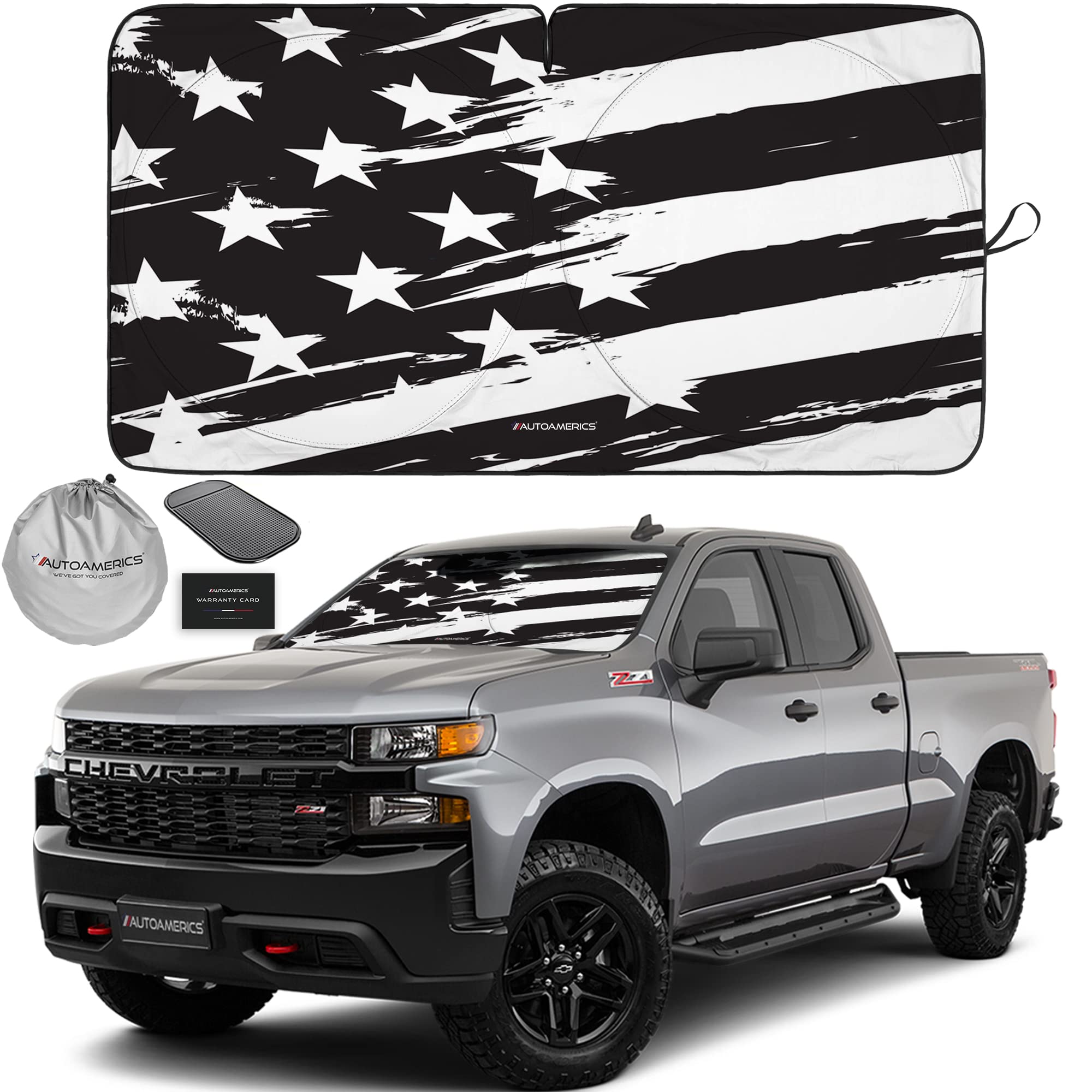 Photo 1 of Autoamerics 1-Piece Windshield Sun Shade B&W Art American Flag USA Design - Foldable Car Front Window Sunshade for Most Sedans SUV Truck - Blocks Max UV Rays and Keeps Your Vehicle Cool - Large USA B&W ART FLAG LARGE = 64 x 33.5 inches