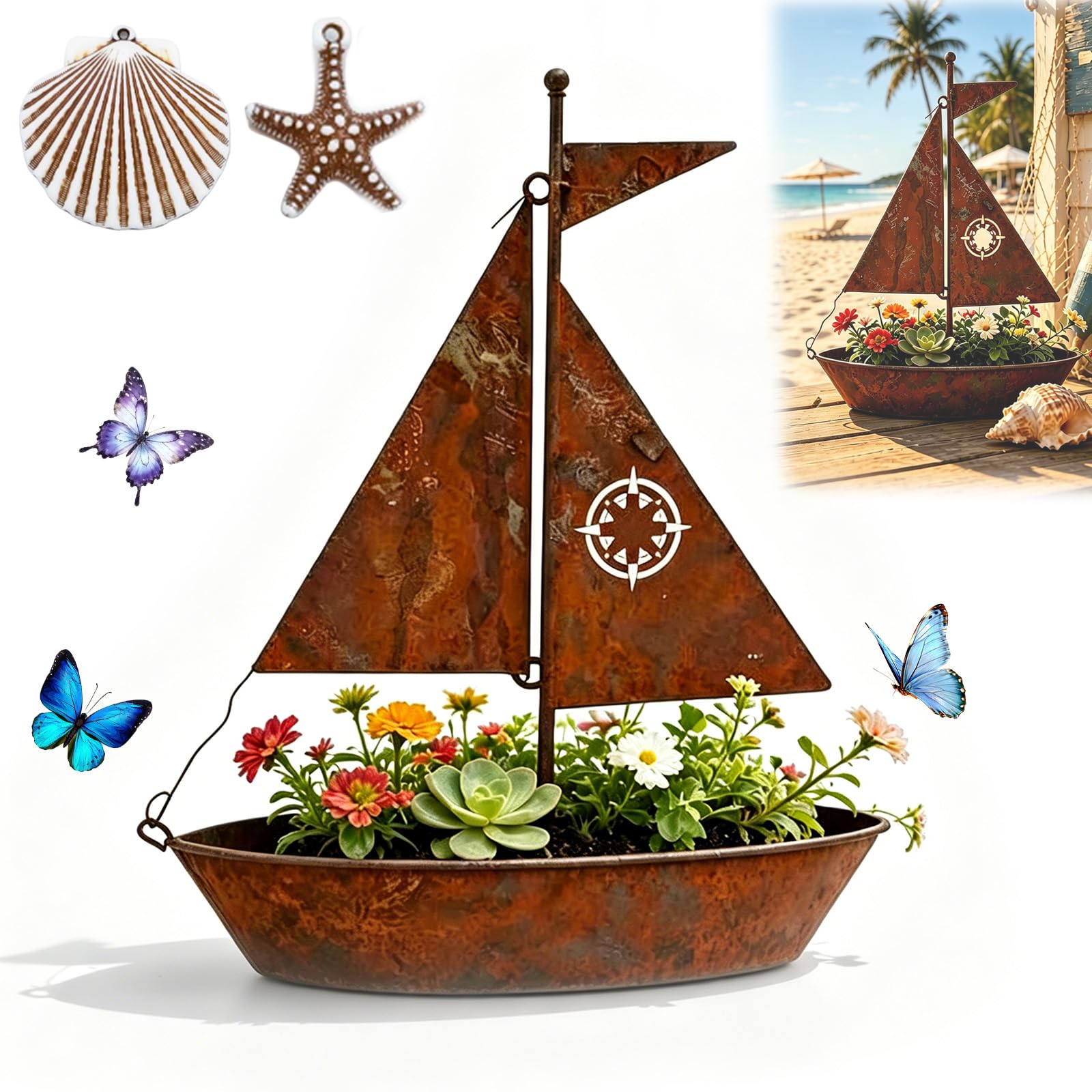 Nnbwlmaee 1Pc Rustic Sailboat Metal Planter, Metal Art 3D Decor With Planter Function, Handcrafted Sailboat Planters, Weather-Resistant & Perfect For Succulents, Flowers – Charming Garden Or Shelf Decor (1Pc)