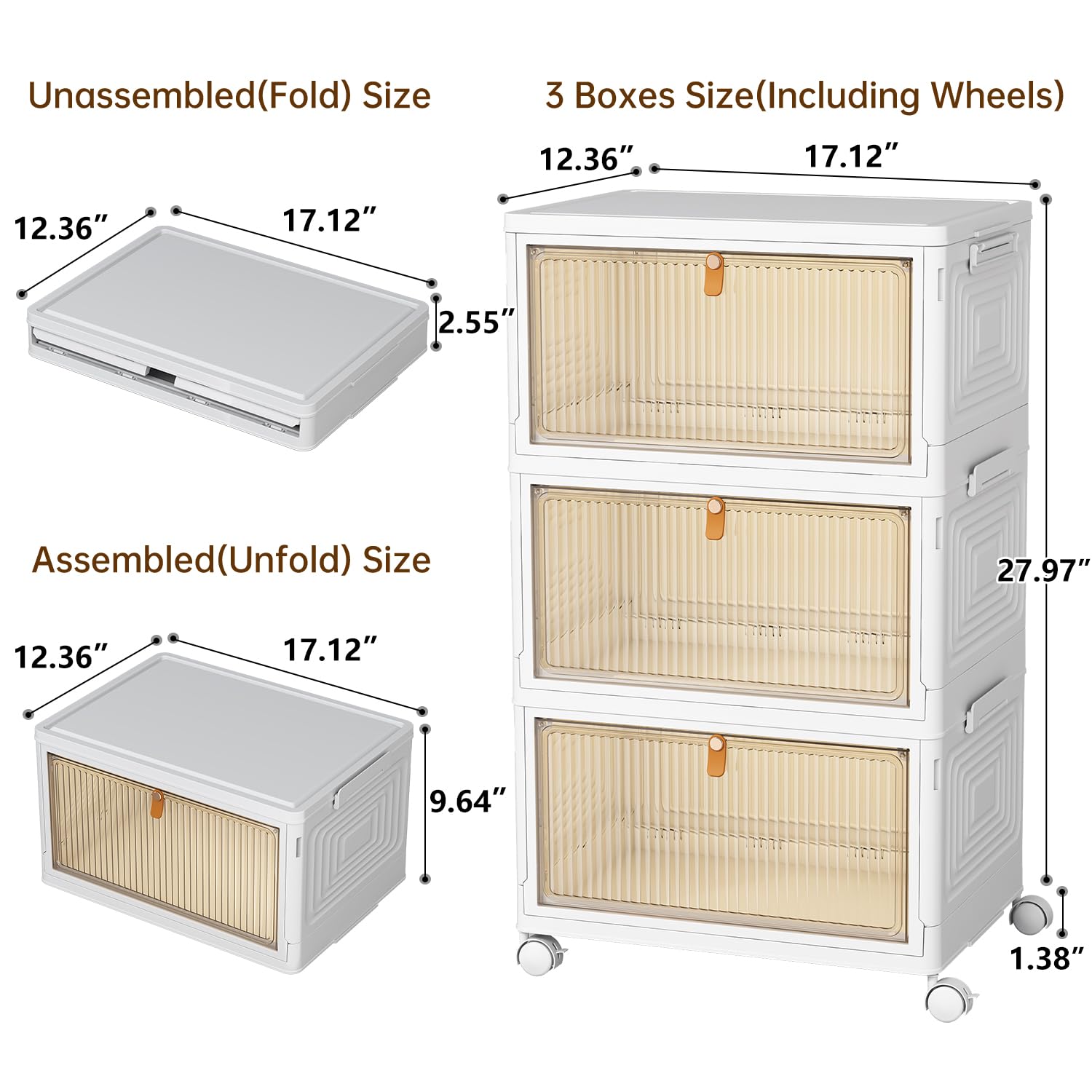 JONYJ Storage Bins with Lids 32Qt, 3 Packs Stackable Storage Bins with Wheels, Magnetic Door, Leather Handle, Plastic Storage Containers for Bedroom, Living Room, Kitchen, Bathroom (Large)