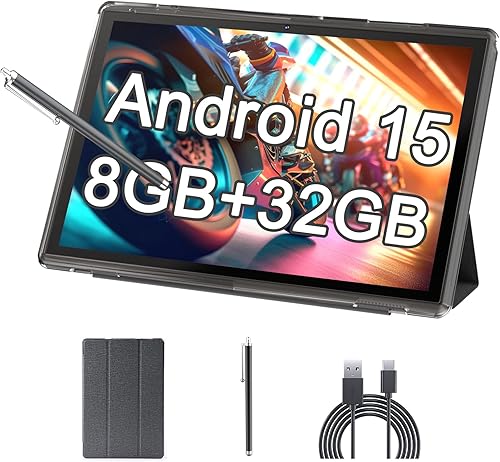 Tableta de 10 pulgadas Android 15 con funda, 6GB RAM+32GB ROM+1024GB expansión, batería de 6000mah, cámara dual 2MP+8MP WiFi-6, pantalla táctil IPS