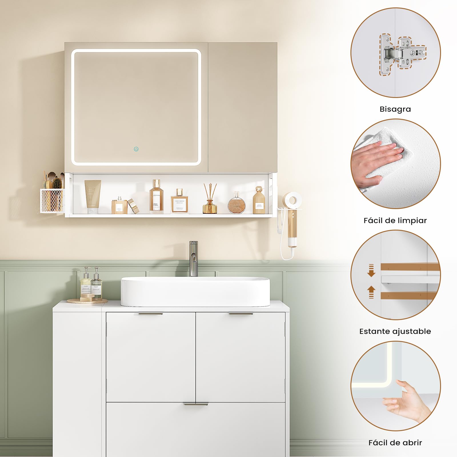 Armario Baño con Espejo 80x16x70 cm, Espejo de Baño con Luz LED y Estantes Regulables, Armario Espejo Baño con Almacenamiento y Enchufe Múltiple, Interruptor Táctil, 2 Puertas Espejo, Blanco