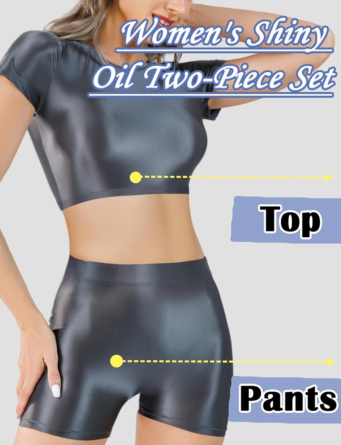 FEOYA Women’s Shiny 2 Piece Outfits Sheer Glossy Crop Top and Shorts Metallic Set for Club Rave Party