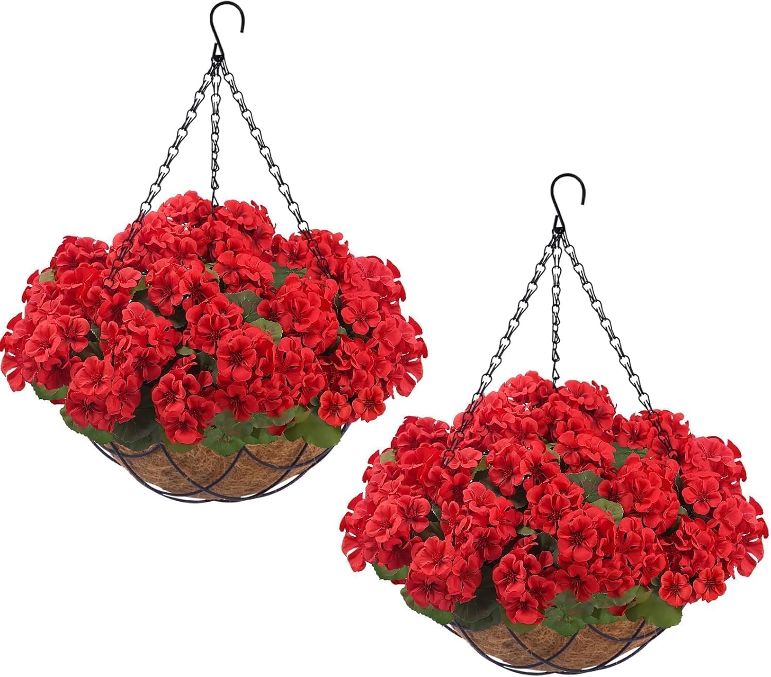 Zythrem 2 Set Artificial Hanging Flowers with Baskets for Outdoor 16 Pcs Red Artificial Geraniums Flowers for Outdoors Faux Hanging Plants for Front Porch Garden Balcony Yard Patio Decor
