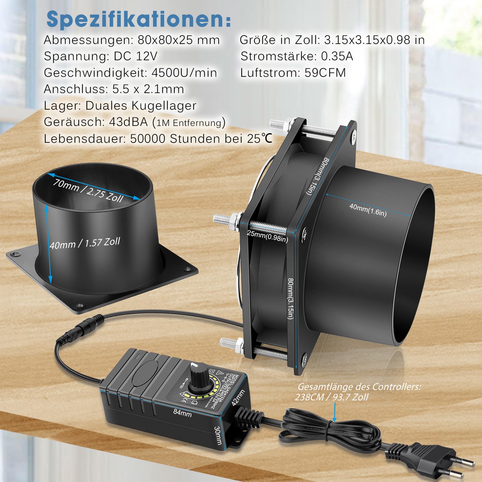 GDSTIME Ventilatore assiale 80 mm 12 V DC Ventilatore di condotta 80 mm x 25 mm 12 V con cuscinetto a sfere 4500 giri/min con regolatore di velocità per PC
