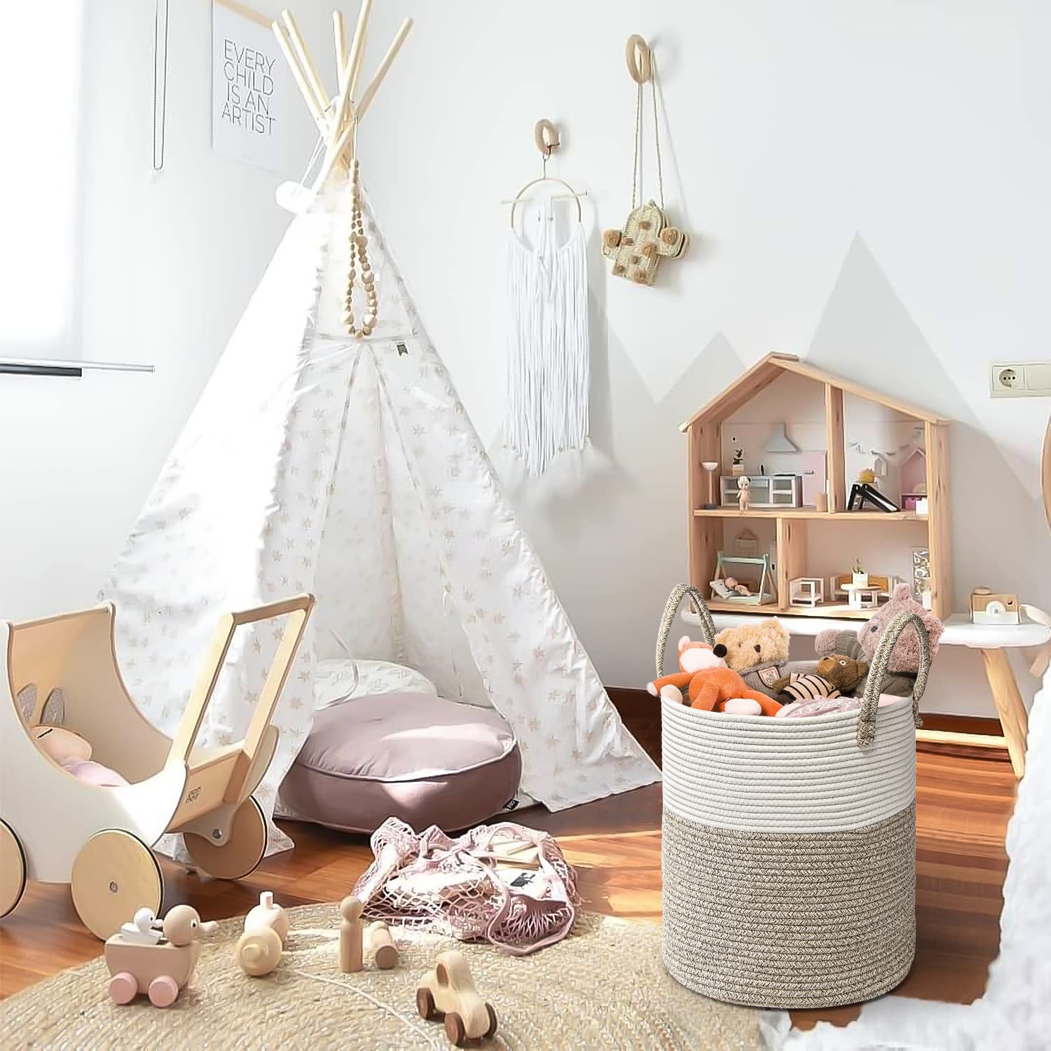 YOUDENOVA Wasmand van katoenen touw, opbergmand, boho-decoratieve mand, gevlochten, wasverzamelaar met handgrepen, speelgoedopslag voor kinderkamer, 40 x 43 cm, bruin