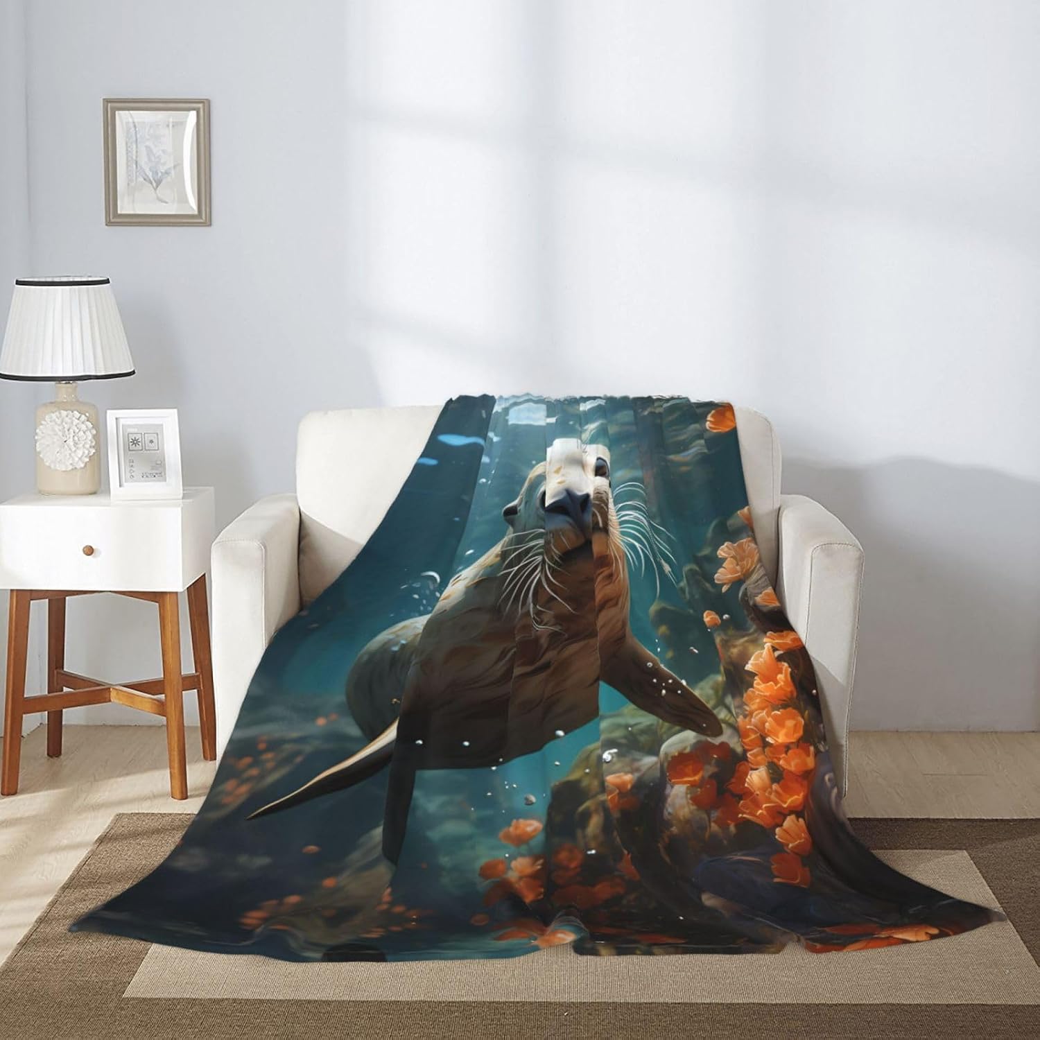 Decorative Children's Blanket (50 * 40 inches), Seal pup in Water Flannel Gift Blanket, Sofa Bed Living Room Camping Travel Blanket,