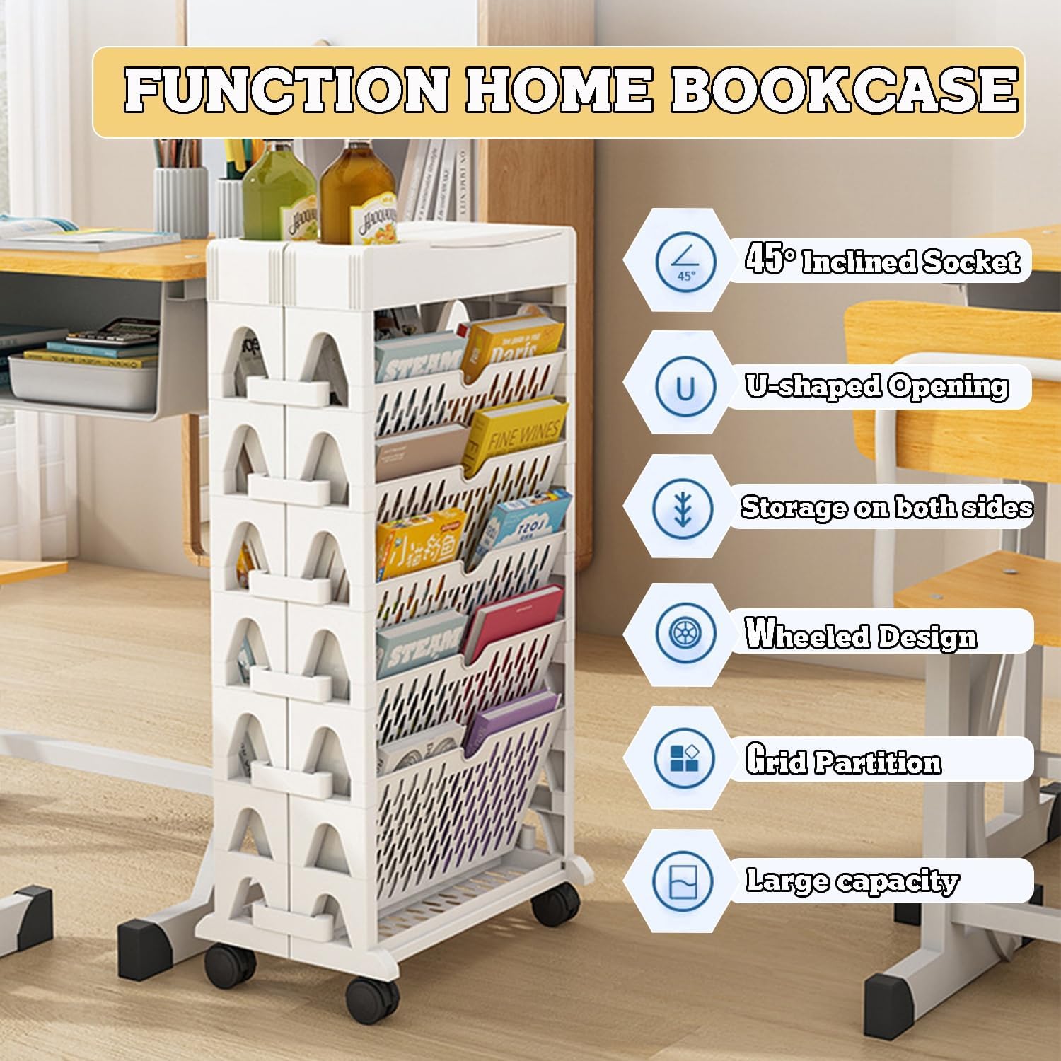 Book cart6 Tier Tree Bookshelf, 6 Shelf Bookcase with Top partition Storage, Modern Book Storage, Utility Organizer Shelves for Home Office, Living Room, Bedroom,Green,41.5cm