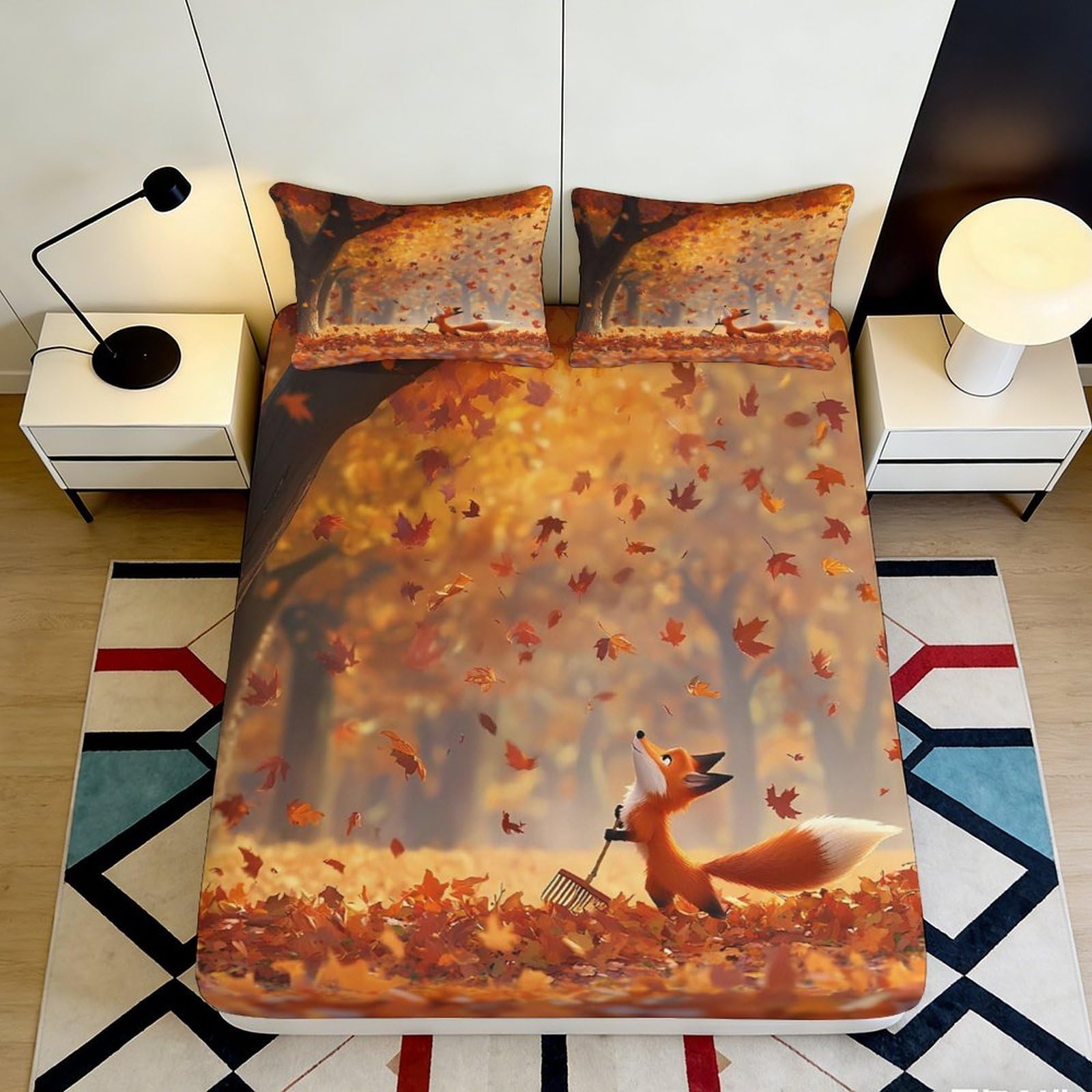 3D Printed Autumn Fox Fitted Sheet Microfiber Soft Breathable Falling Leaves Bed Cover for Bedroom Dormitory Guest Room Mattress Protection 120x200x25cm
