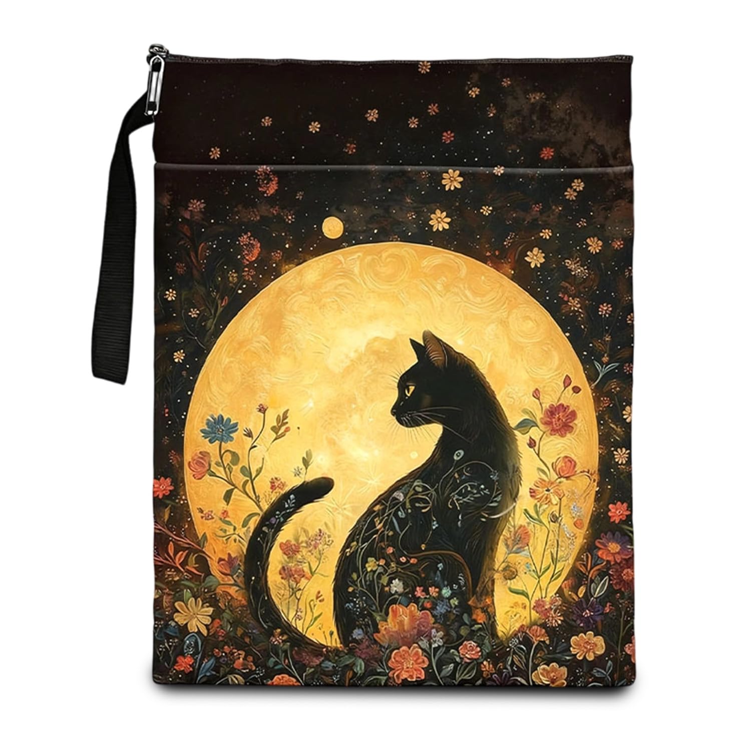 Black Cat Book Sleeves for Paperbacks, Polyester Book Bags for Women, Waterproof Book Pouch with Hanging Rope, Book Lover Gift.
