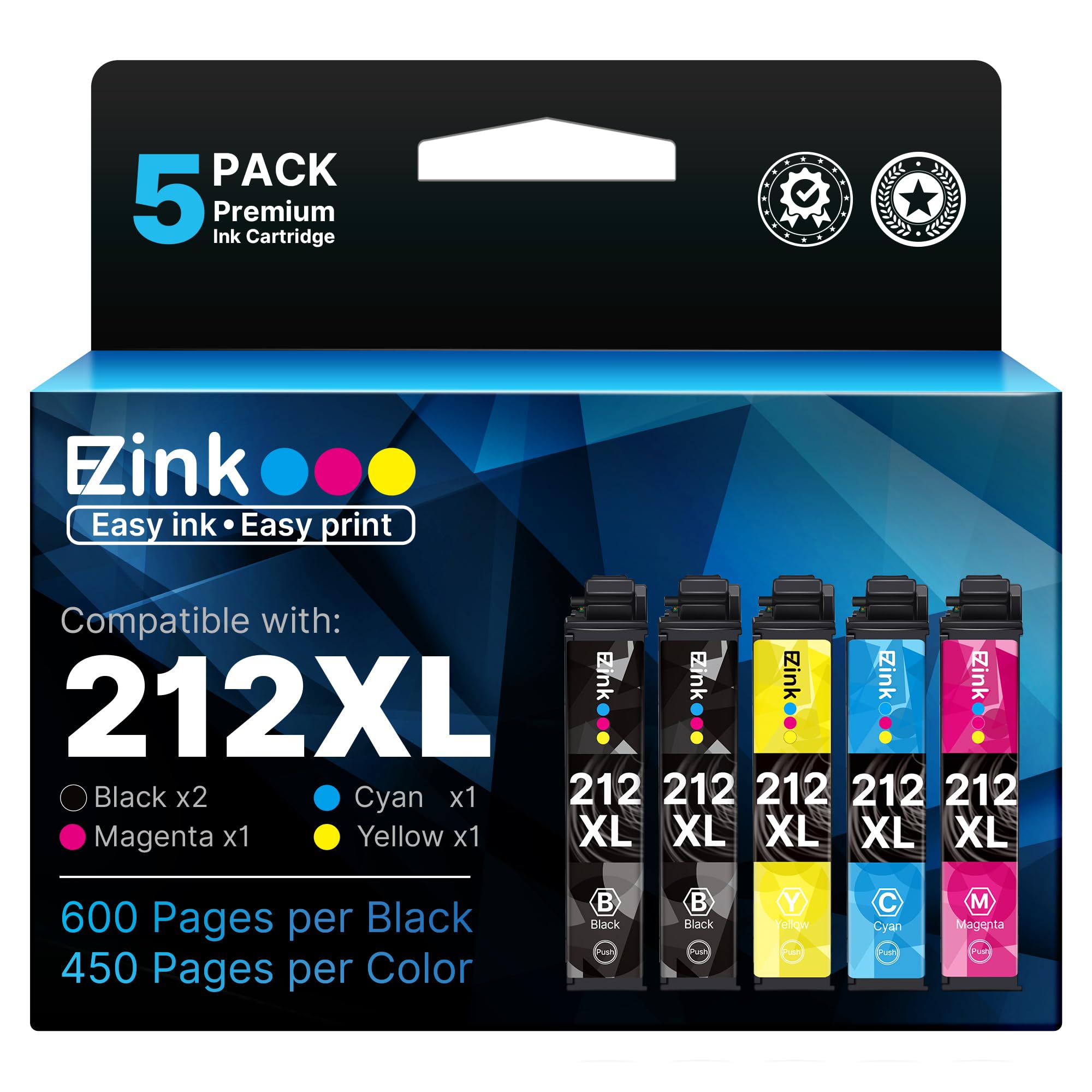 E-Z Ink Remanufactured Ink Cartridges Replacement for Epson 212 212XL T212 XL to use with XP-4100 XP-4105 WF-2830 WF-2850 Printer New Upgraded Chips (2 Black, 1 Cyan, 1 Magenta, 1 Yellow, 5 Pack)