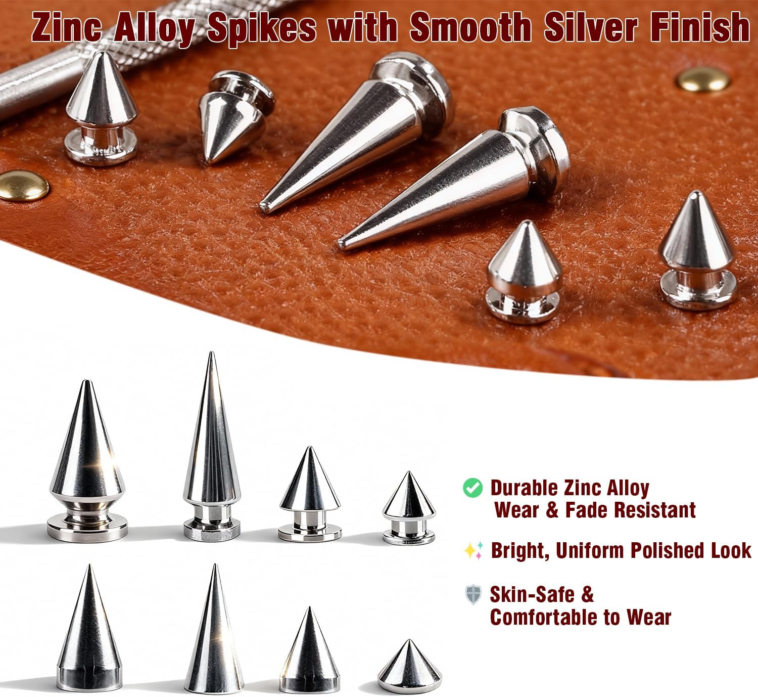 364 Sets Punk Spikes and Studs Kit, 8 Sizes Cone Spikes with Screws for Leather Jacket, Belt, Bag, Shoes - Includes Punch & Screwdriver for DIY Clothing & Craft Decoration