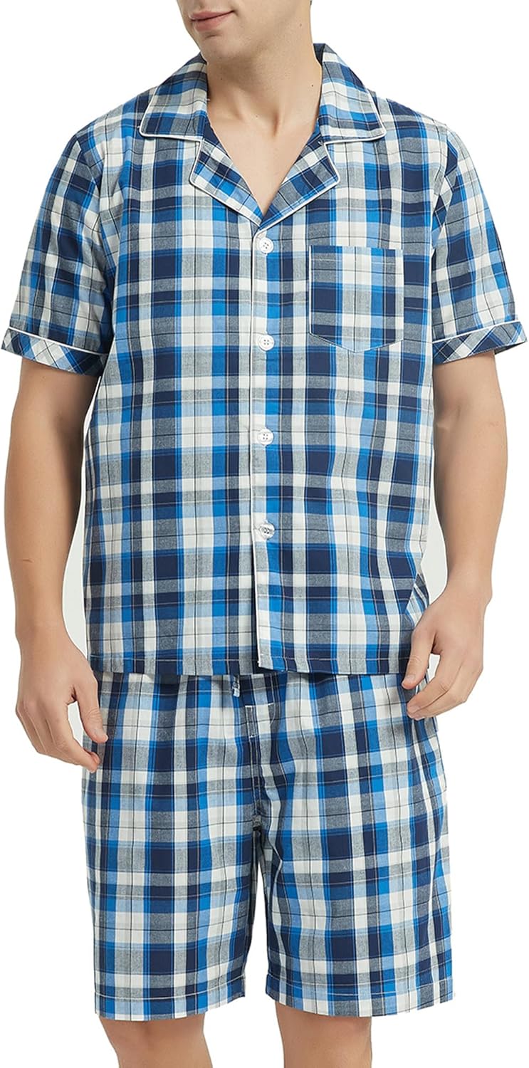Vulcanodon Mens Cotton Pajama Set Short Sleeve, Button Down Pajama Set for Men Lightweight Men's Sleepwear