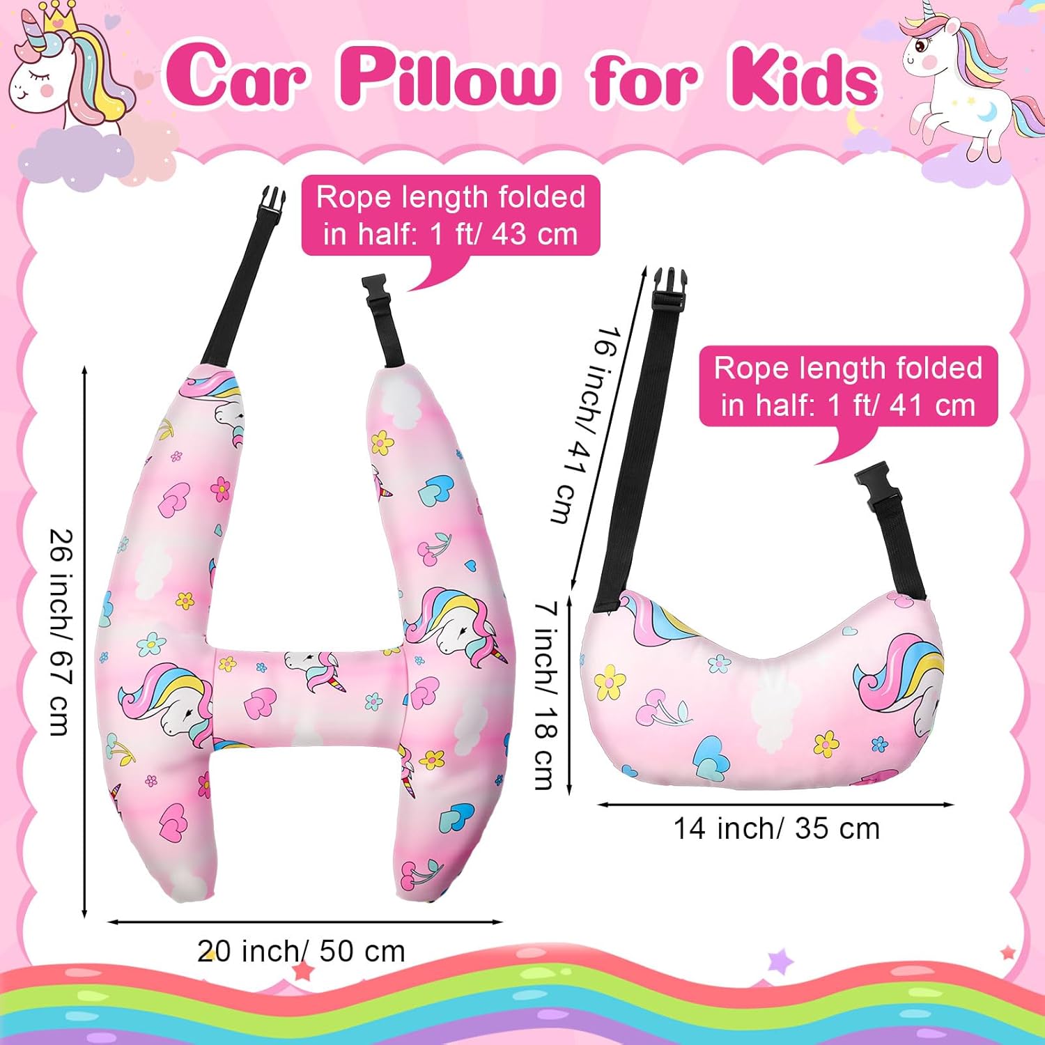 Chunful H-Shape Car Seat Pillow for Kids Car Travel Pillow for Kid Children Vehicle Sleeping Head Support Back Seat Adjustable Head Neck and Shoulder Support for Long Trips Sleeping (Unicorn) - Image 2
