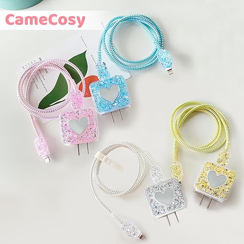 Miniatura 7 de Protector de cable compatible con cargador de iPhone de Apple con espejo, bonito diseño de corazón de amor con purpurina, funda USB de línea de