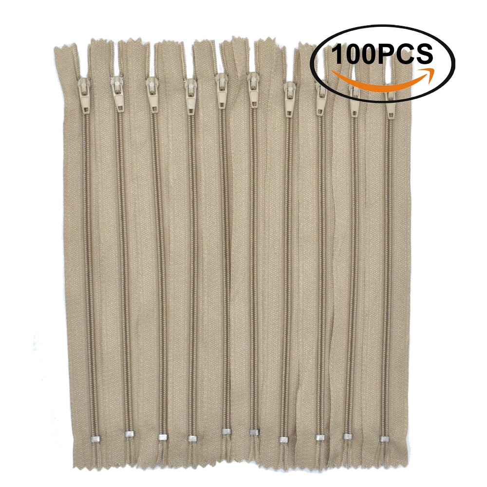 Renashed 100Pcs 9Inch Nylon Coil Zippers Bulk for Tailor Sewer Sewing Crafts Crafter's Specia (Deep Beige)