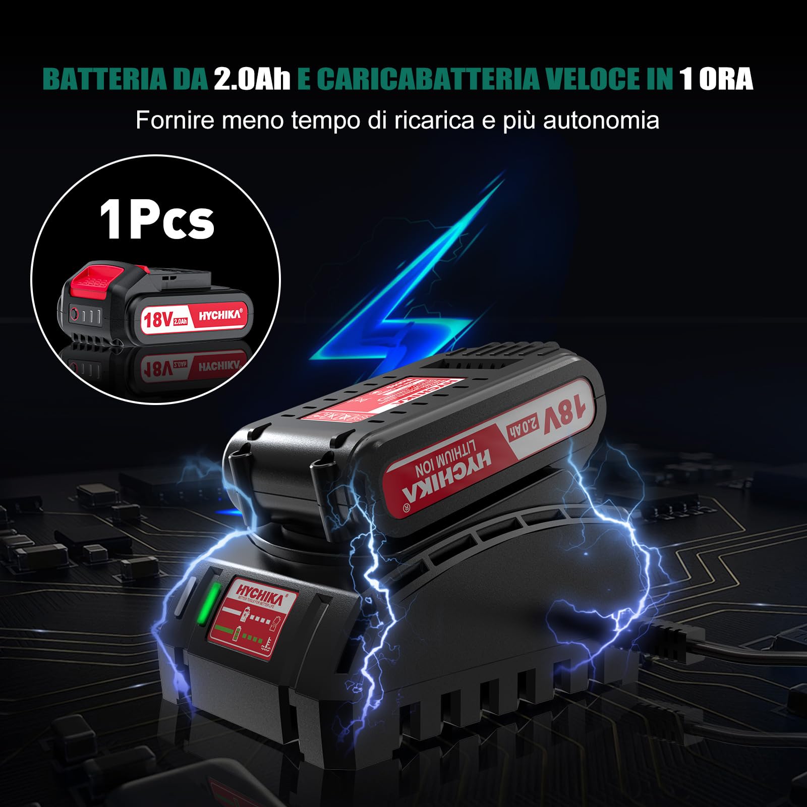 HYCHIKA Trapano Avvitatore Batteria 18V, Brushless 60Nm Trapano a Percussione, 2.0Ah Batteries, 53 Accessori, Caricatore Rapido, 21+3 Coppie, 2 Velocità Variabile, 0-500/0-2000 RPM