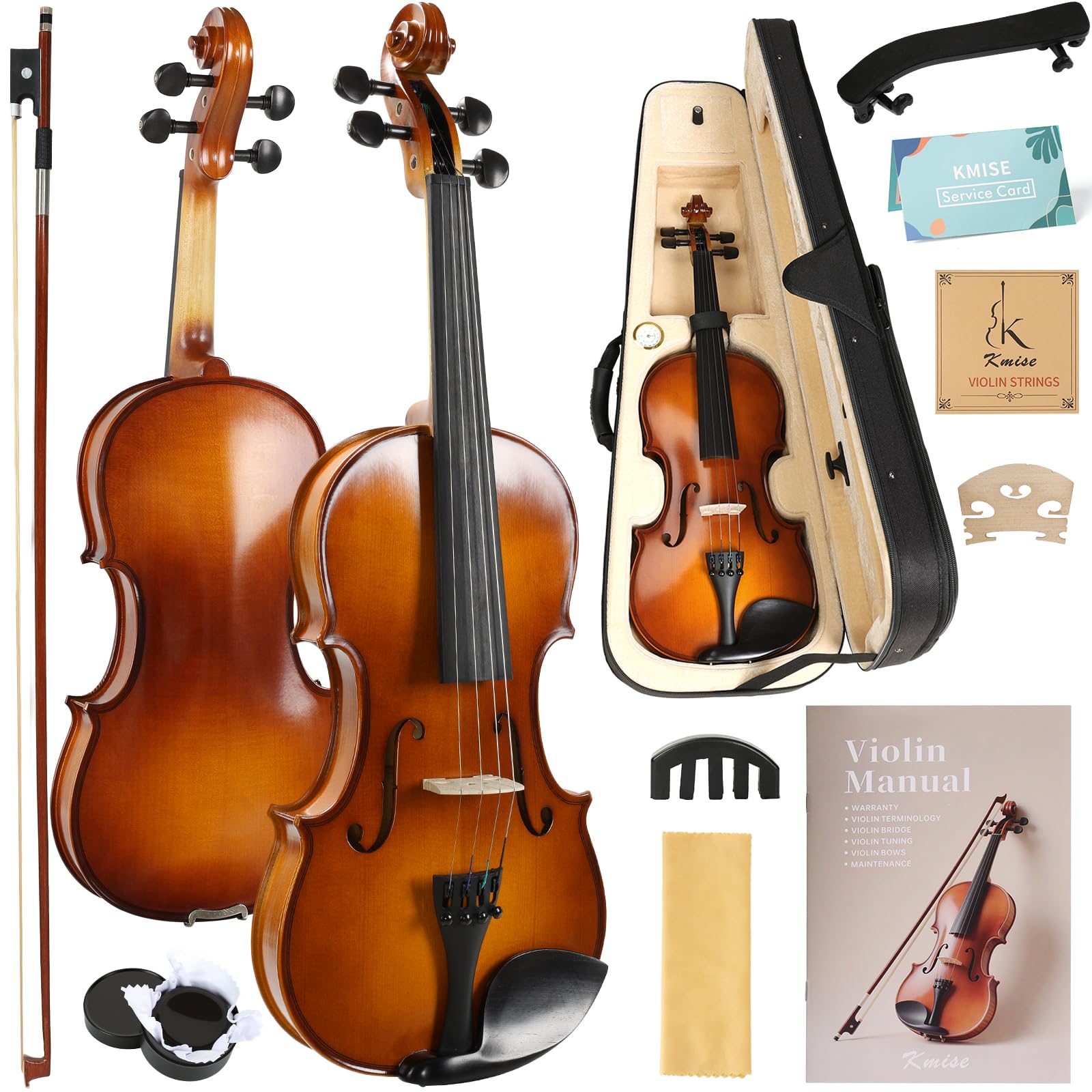 Kmise Linkshänder Violine 4/4 Full Size Set Ebenholz Violinen für Anfänger | Entwickelt für Linkshänder Spieler, satter Ton aus Fichte & Ahornholz, komplettes Anfänger-Set mit Koffer, Bogen & Zubehör