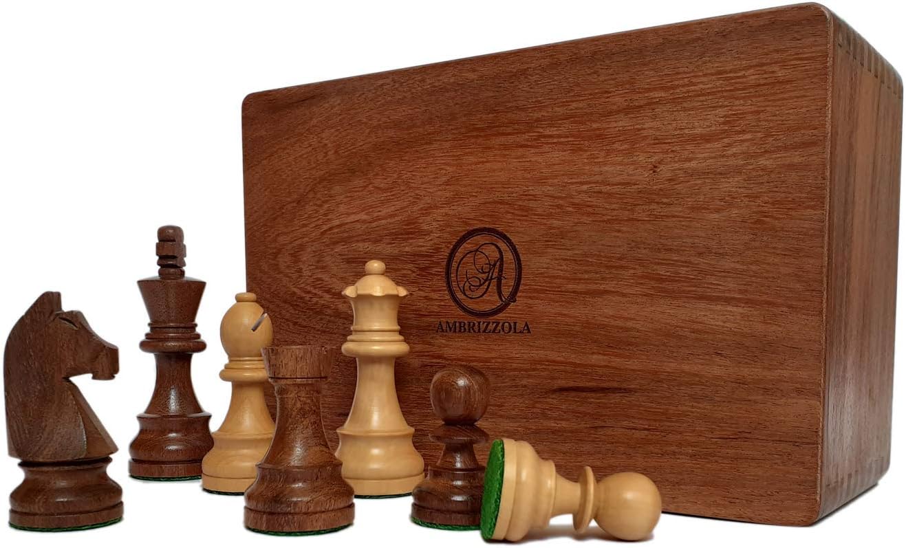 Tedesco 3.75" Tournament Size, Double Weighted Chess Pieces with Extra Queens in Wooden Storage Box (Brown Acacia and Boxwood)