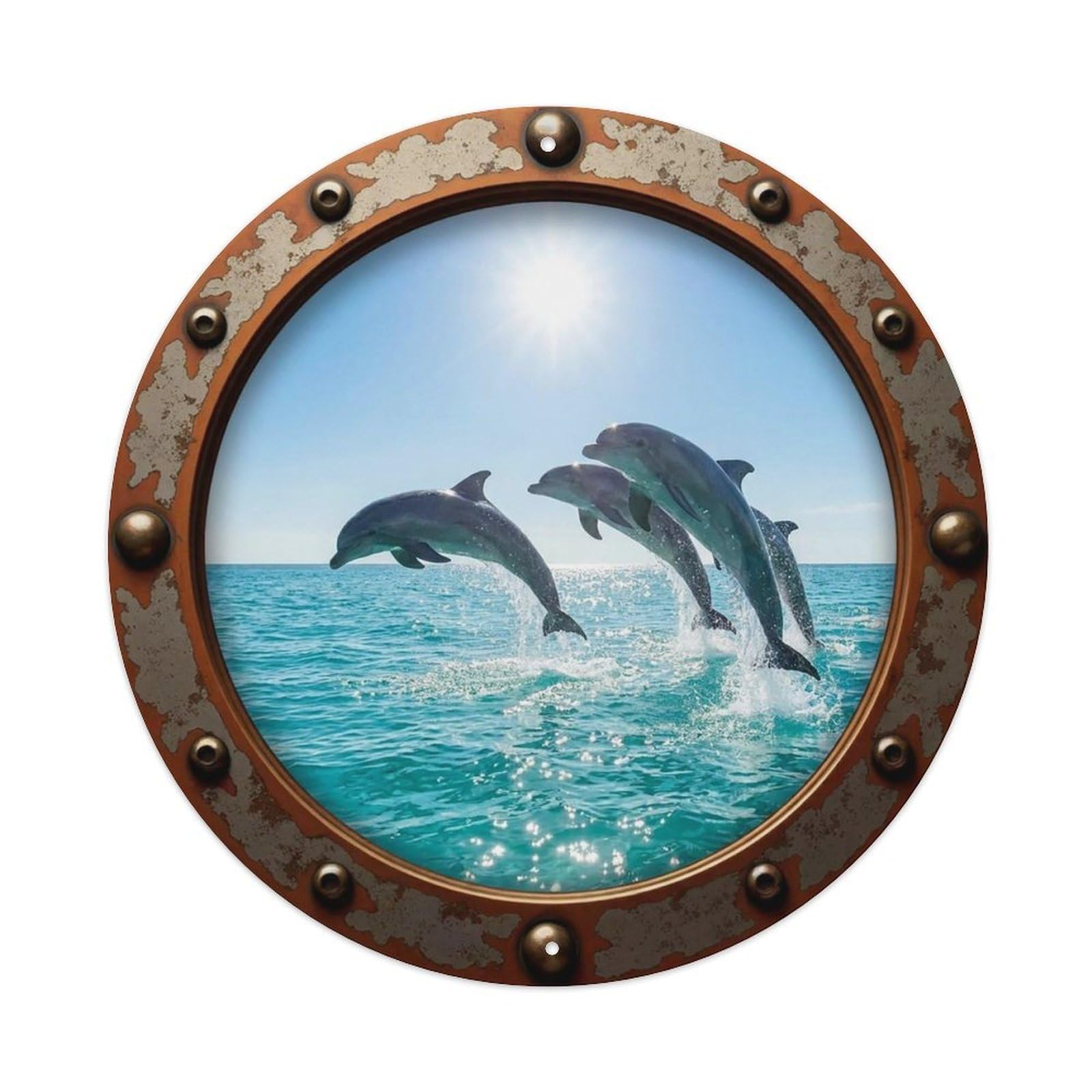 Vintage Porthole Dolphin Pod Ocean View Vintage Metal Tin Sign Plaque Wall Decor for Cafe, Club Bar, Office, Garden Metal Poster 8x8Inch