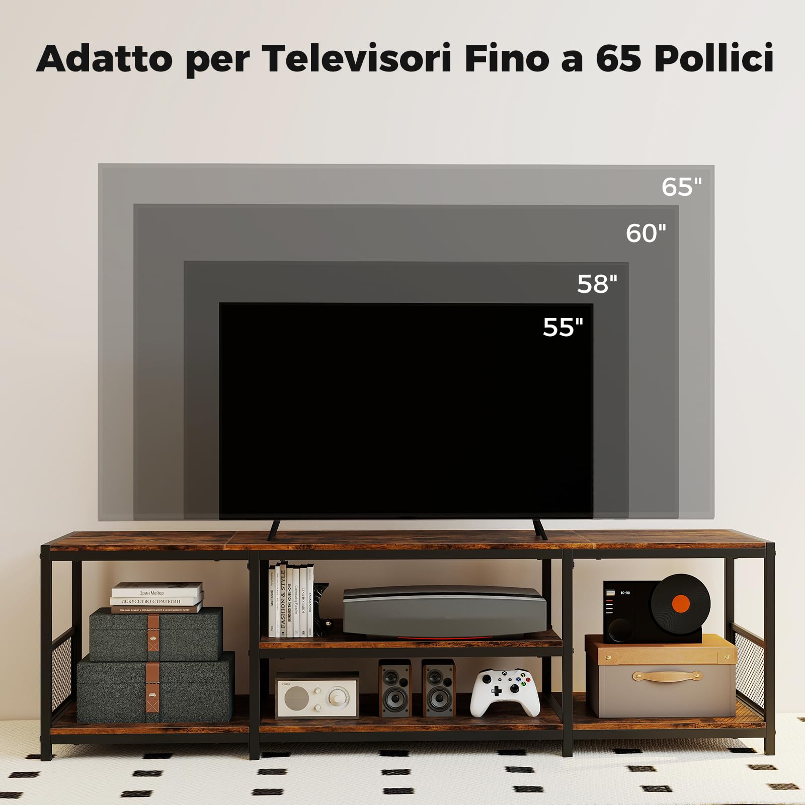 COSTWAY Mobile TV Soggiorno fino a 65", Tavolino TV con Mensole Aperte, Consolle Media Industriale, Centro Intrattenimento Basso Salotto, per Soggiorno Camera da Letto