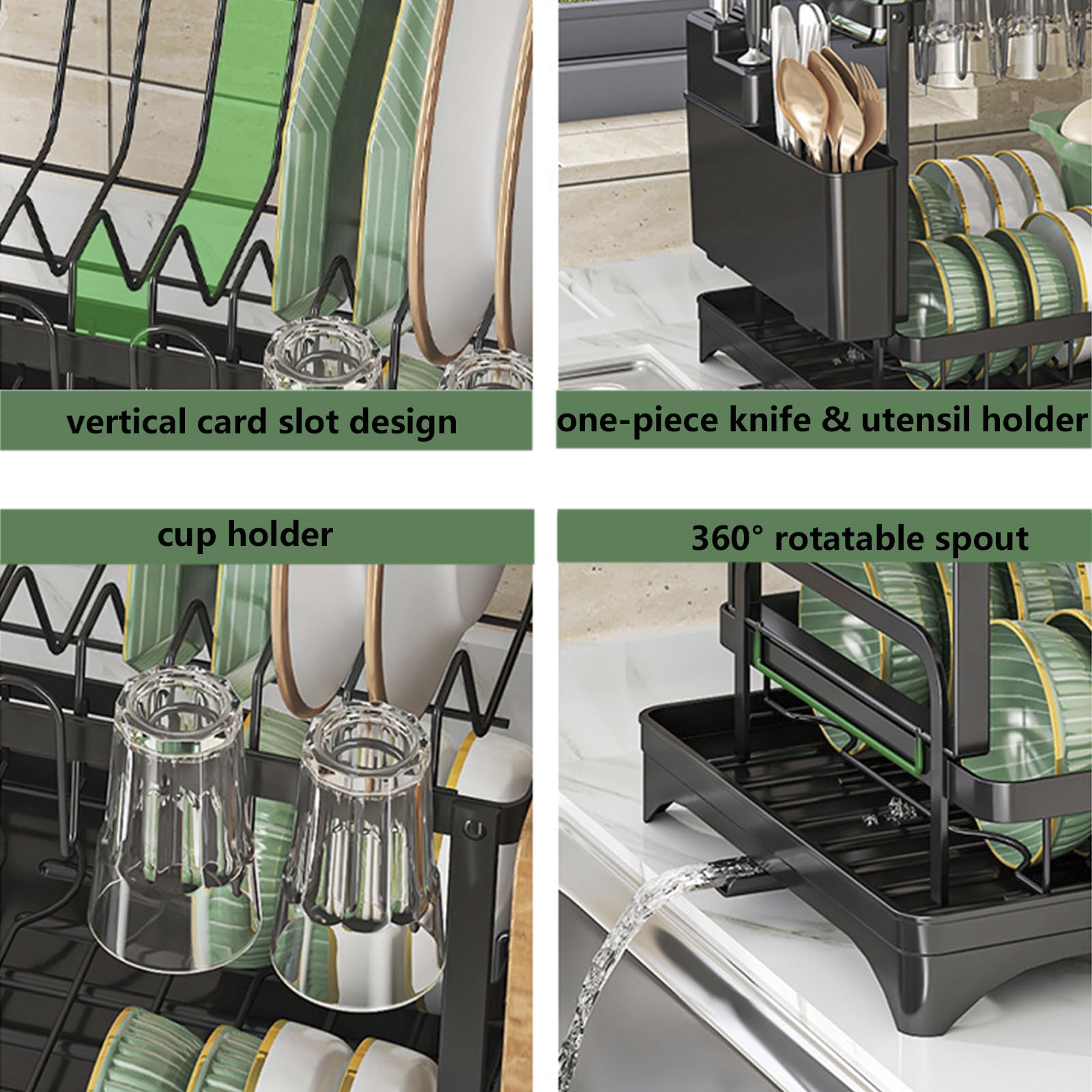 Egoutoire Vaisselle Cuisine,Séchoir à Vaisselle à 2 Niveaux pour Comptoir de Cuisine avec Plaque de Drainage,Egouttoir Vaisselle de Grande Capacité avec Porte-Couverts&Porte-gobelets