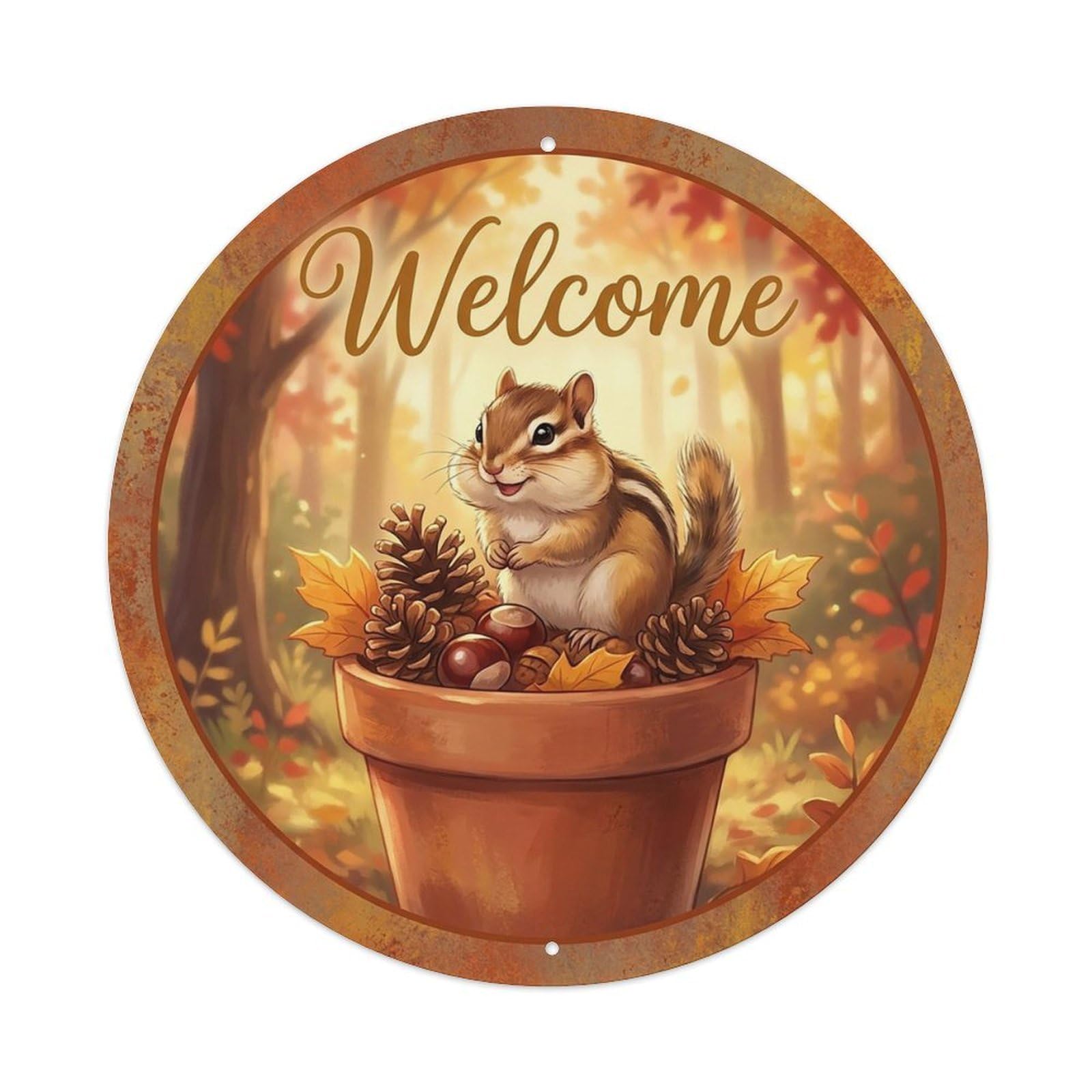 Welcome Chipmunk Pinecones Vintage Metal Tin Sign Plaque Wall Decor for Cafe, Club Bar, Office, Garden Metal Poster 8x8Inch
