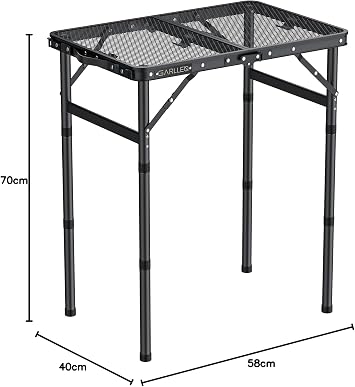 GARLLEN Foldable BBQ Table 58 x 40 cm and 3 Height Adjustable (26/48/70 cm) Lightweight and Portable Folding Table Camping Table Side Table Garden Table Picnic Table Small Grill Table for Camping (2 Compartments)