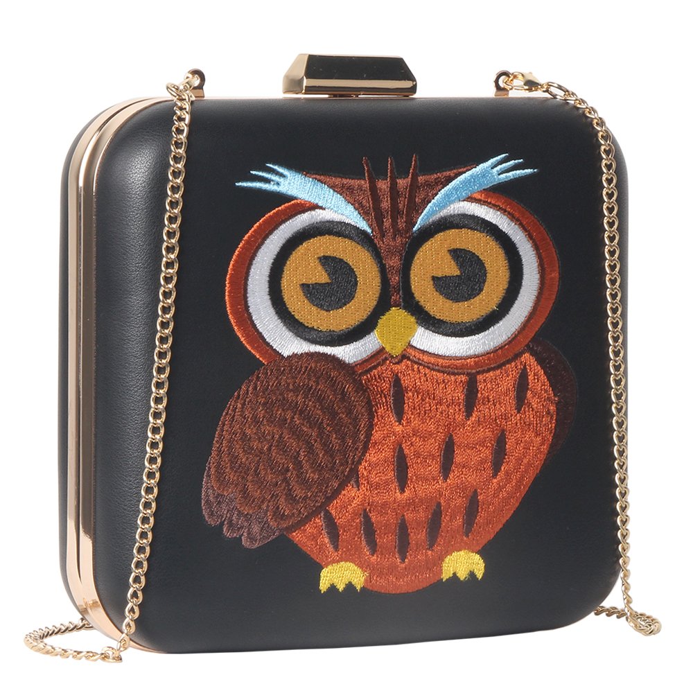 Women Black Owl Embroidery Evening Clutch Purse Hardcase Handbag for Party