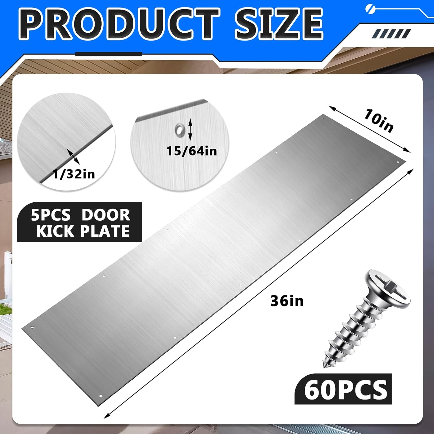 therwen 5 sets 10 x 36 inches silver door kick plate for exterior doors, satin aluminum kick plates with screws for wood metal interior/exterior anti scratch door protection 10 x 36 inches 5