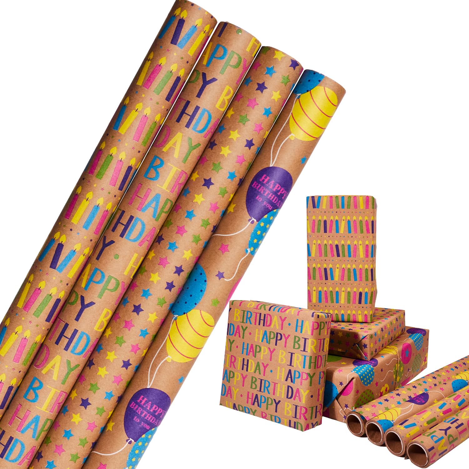 HBell Birthday Gift Wrapping Paper Roll,4 Rolls Birthday Wrapping Paper, Kraft Gift Wrap Paper for Birthday,Baby Shower,Party,Festive Decorations,Per Roll 43cm x 3M(Colored)