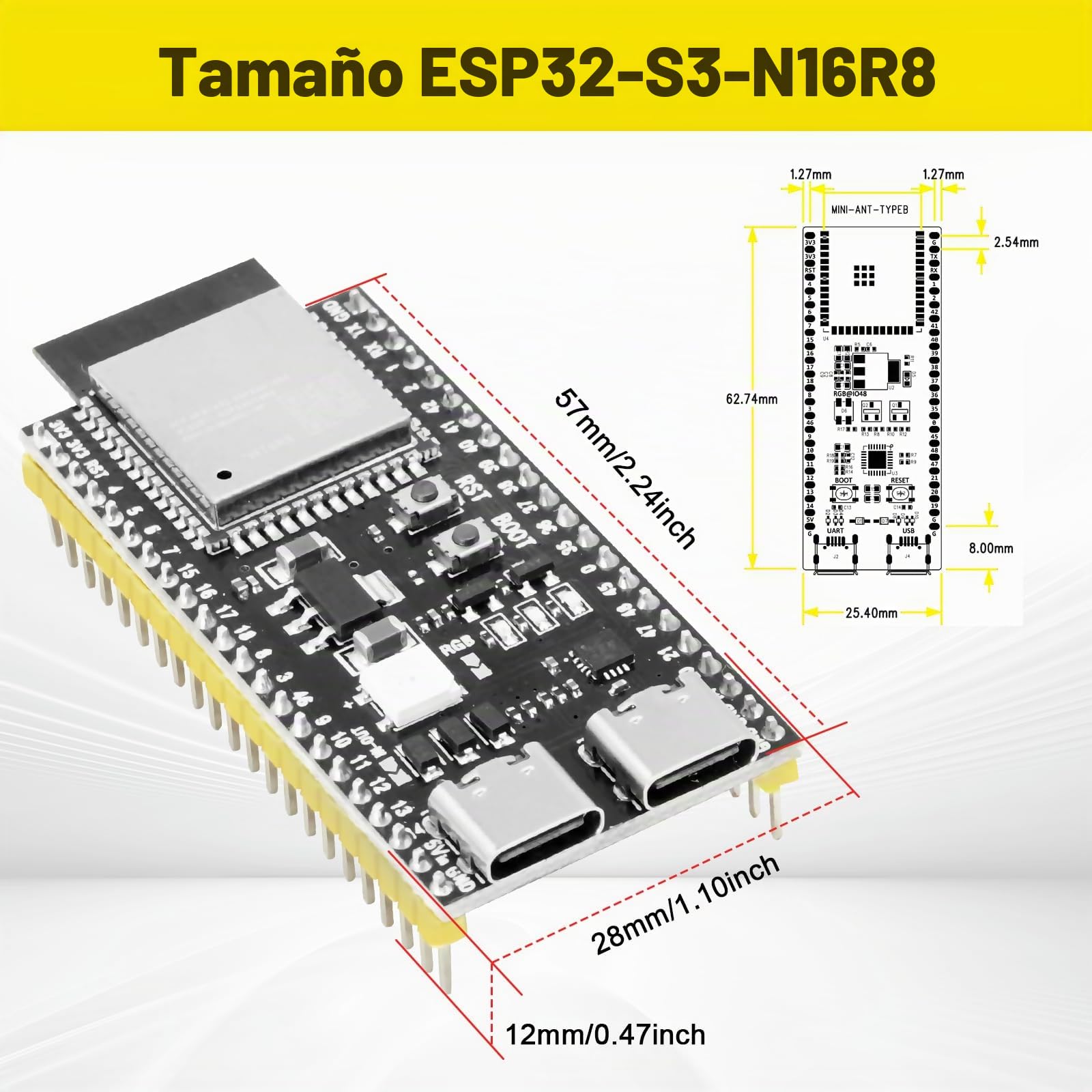 RUIZHI con ESP32 S3 ESP32-S3 DevKitC-1-N16R8 Placa de Desarrollo con Interfaces duales Tipo C y 2,4-GHz WLAN Bluetooth 5.0 Soldadura Compatible con Arduino(2 Pezzi)