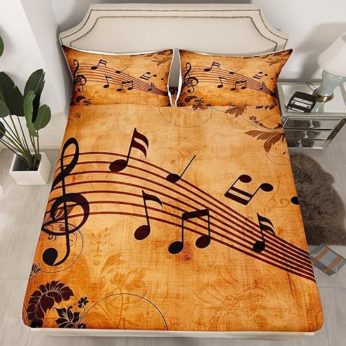 Manfei Sábana bajera ajustable musical tamaño individual, juego de ropa de cama con estampado de notas musicales retro para niños y niñas,