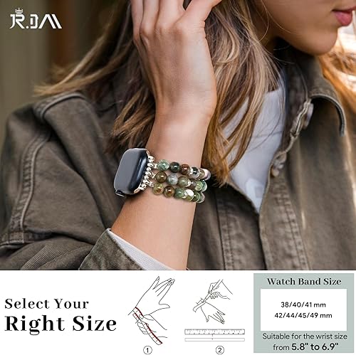 Miniatura 6 de JR.DM Correas de cuentas de piedra natural compatibles con Apple Watch Series 9, 8, 7, 6, 5, 4, 3, 2, 1, correa elástica bohemia para iWatch de