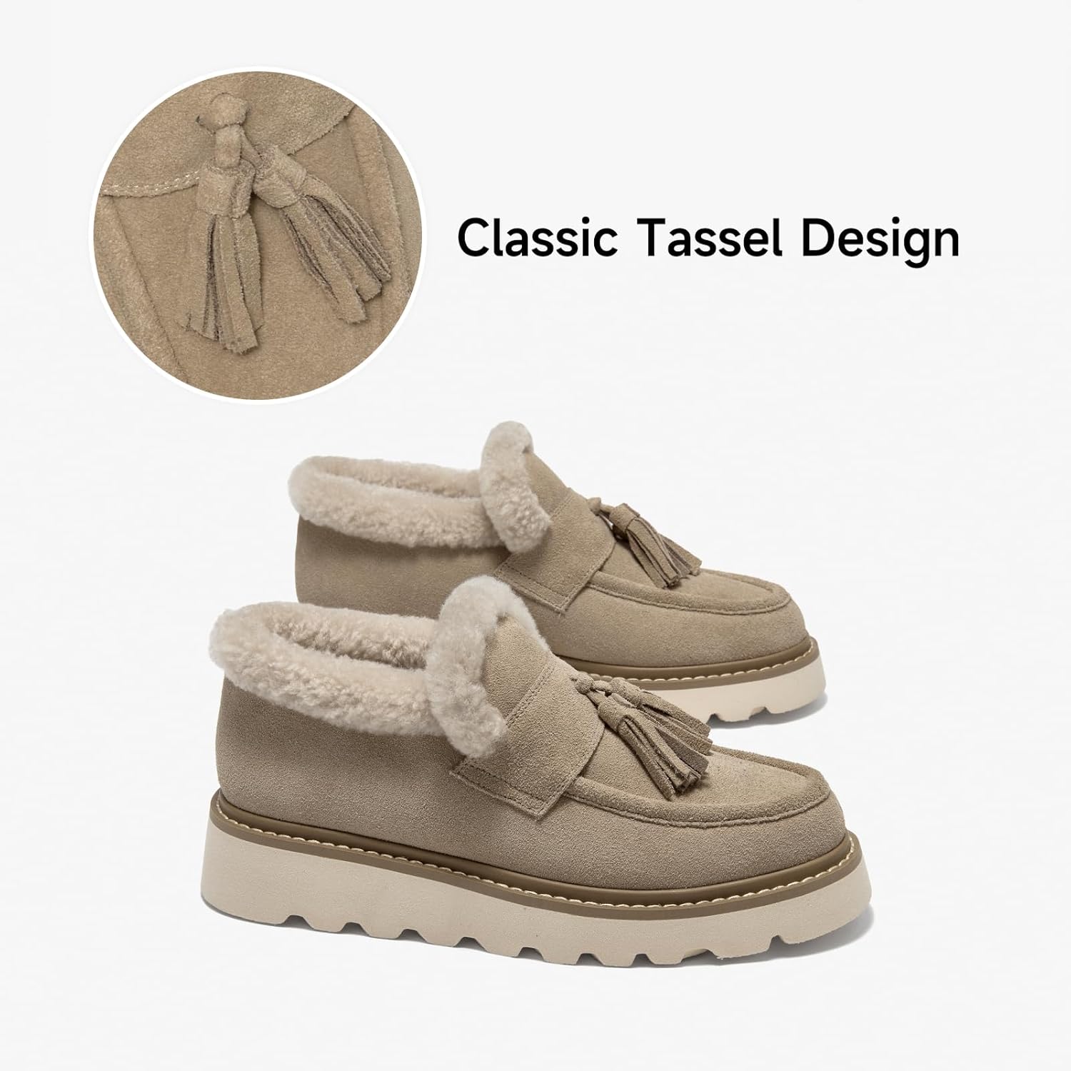 BEAU TODAY Fur Lined Platform Tassel Loafers for Women,Chunky Winter Shoes for Women,Slip-on Leather Retro Tassel Loafers,Comfortable Work Office Casual Dress Boots - Image 3