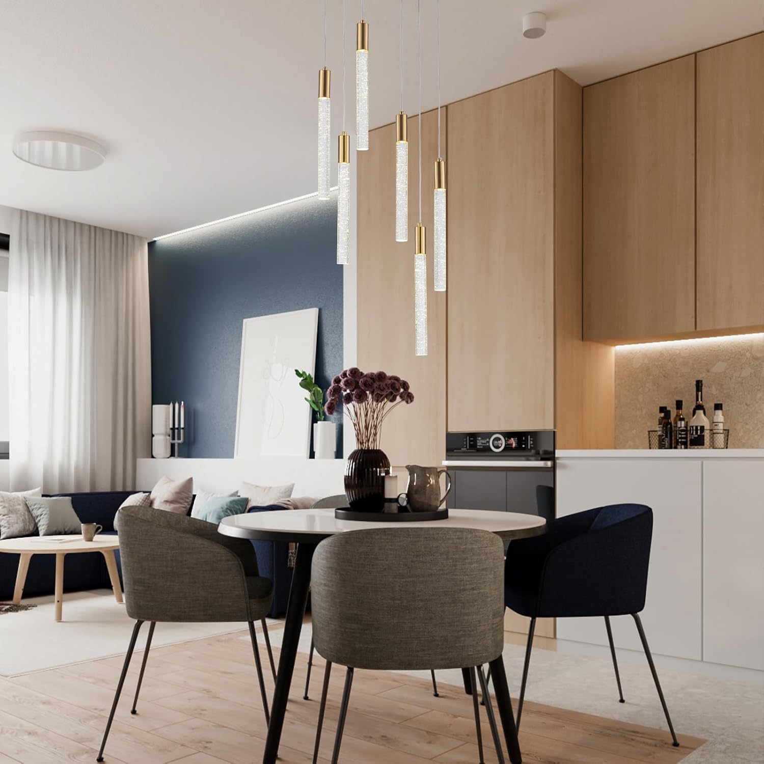 Gold Crystal Column Chandeliers Kitchen Island Lighting 3-Lights Round Pillar Raindrop Bubble Pendant Light Hanging Ceiling Lights for Dining Room Bedroom